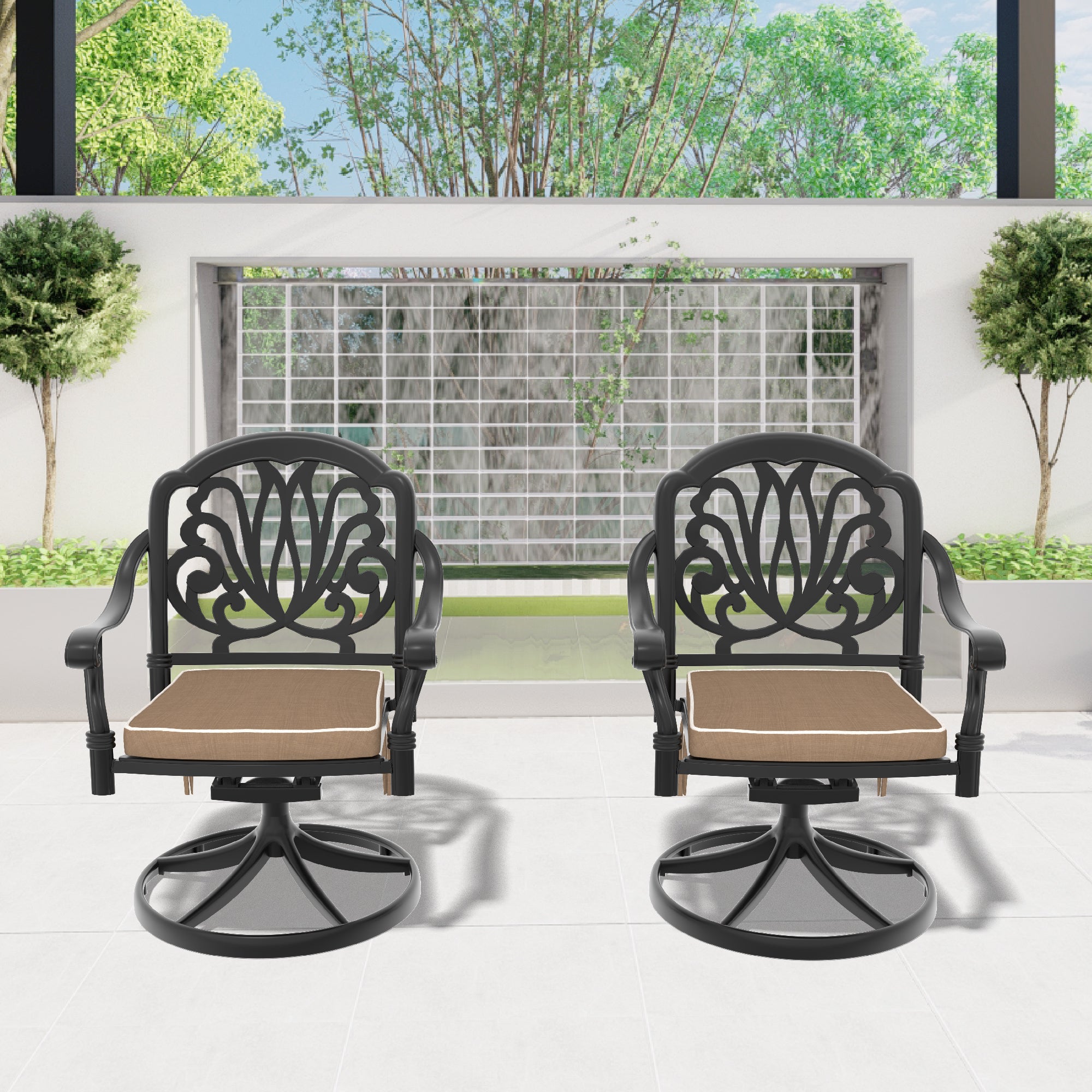 Cast Aluminum Patio Swivel Chairs 2PC Black Frame Cushions