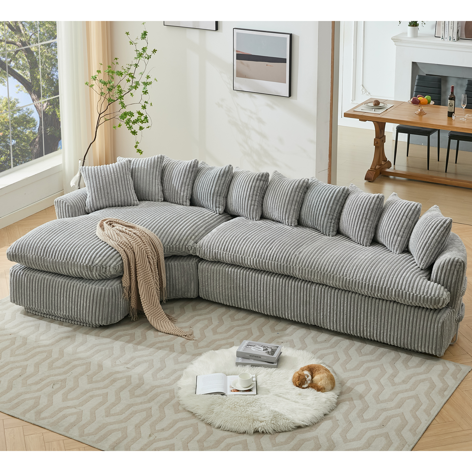 127" Gray Sectional Sofa: Curved, No Assembly