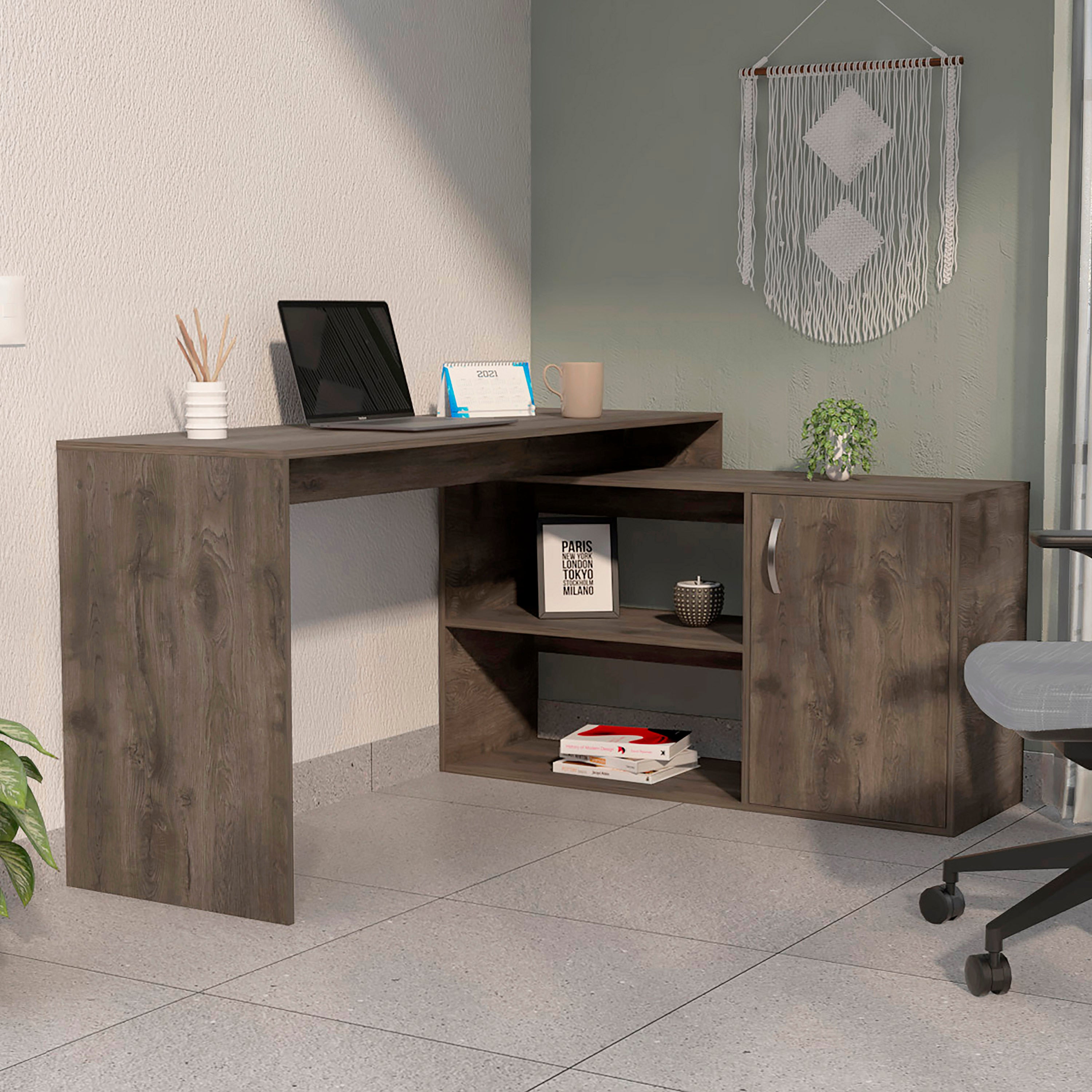 Ridley L-Shaped Writing Desk, Dark Brown, 2-Shelf
