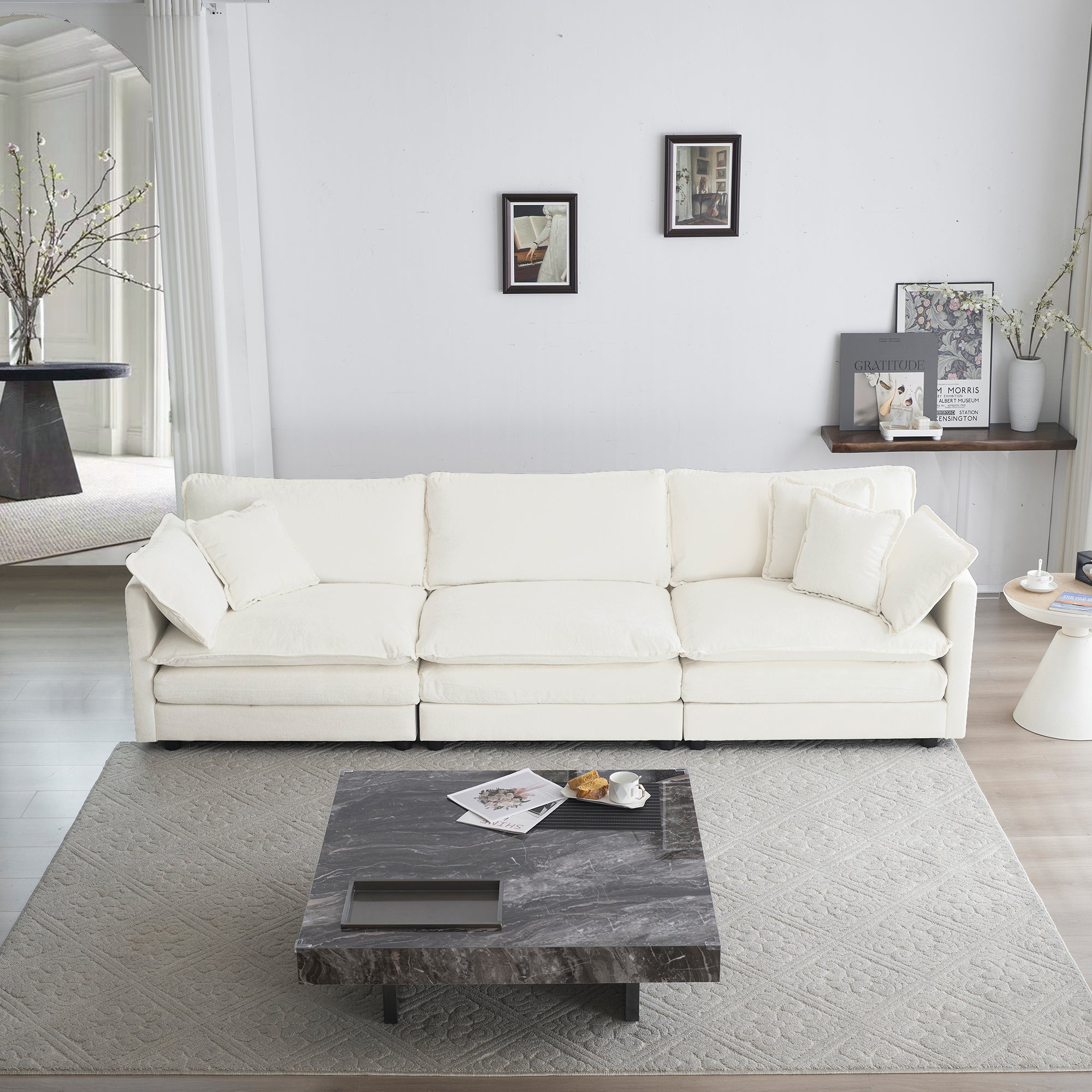 Mid-Century Modern White Chenille Sofa