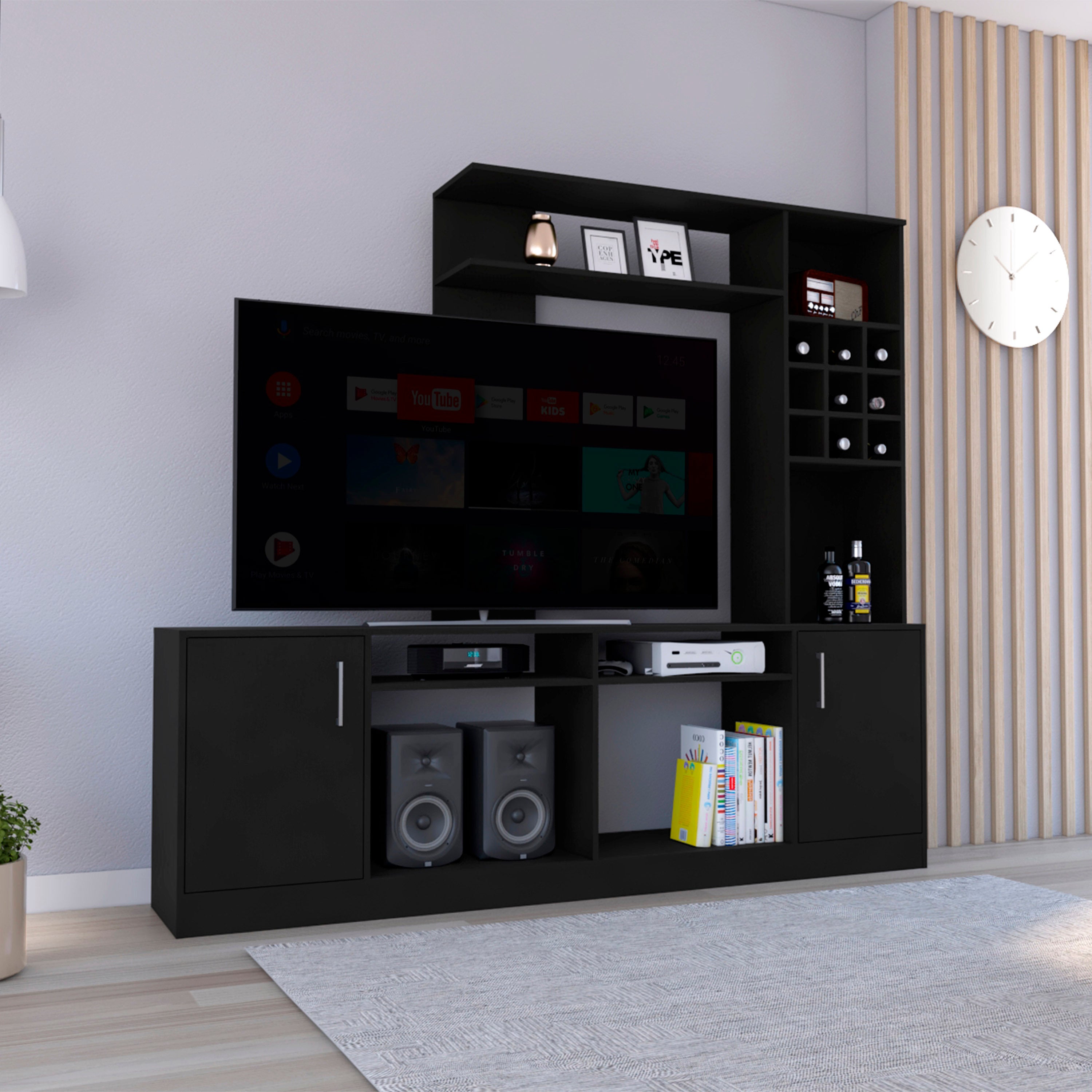Entertainment Center for 78" TVs, Cabinet & Shelves - Black
