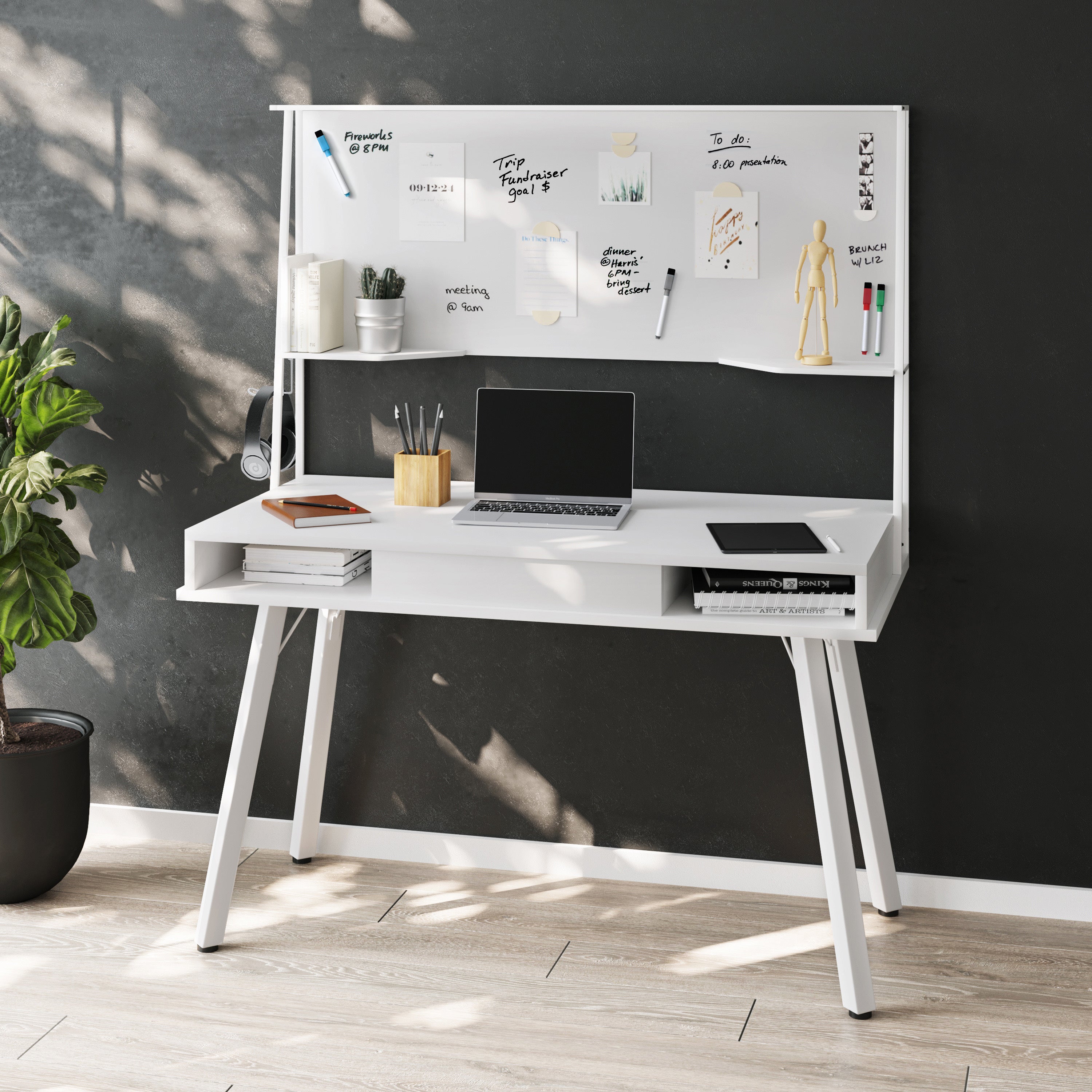 White Study Desk with Storage & Magnetic Whiteboard
