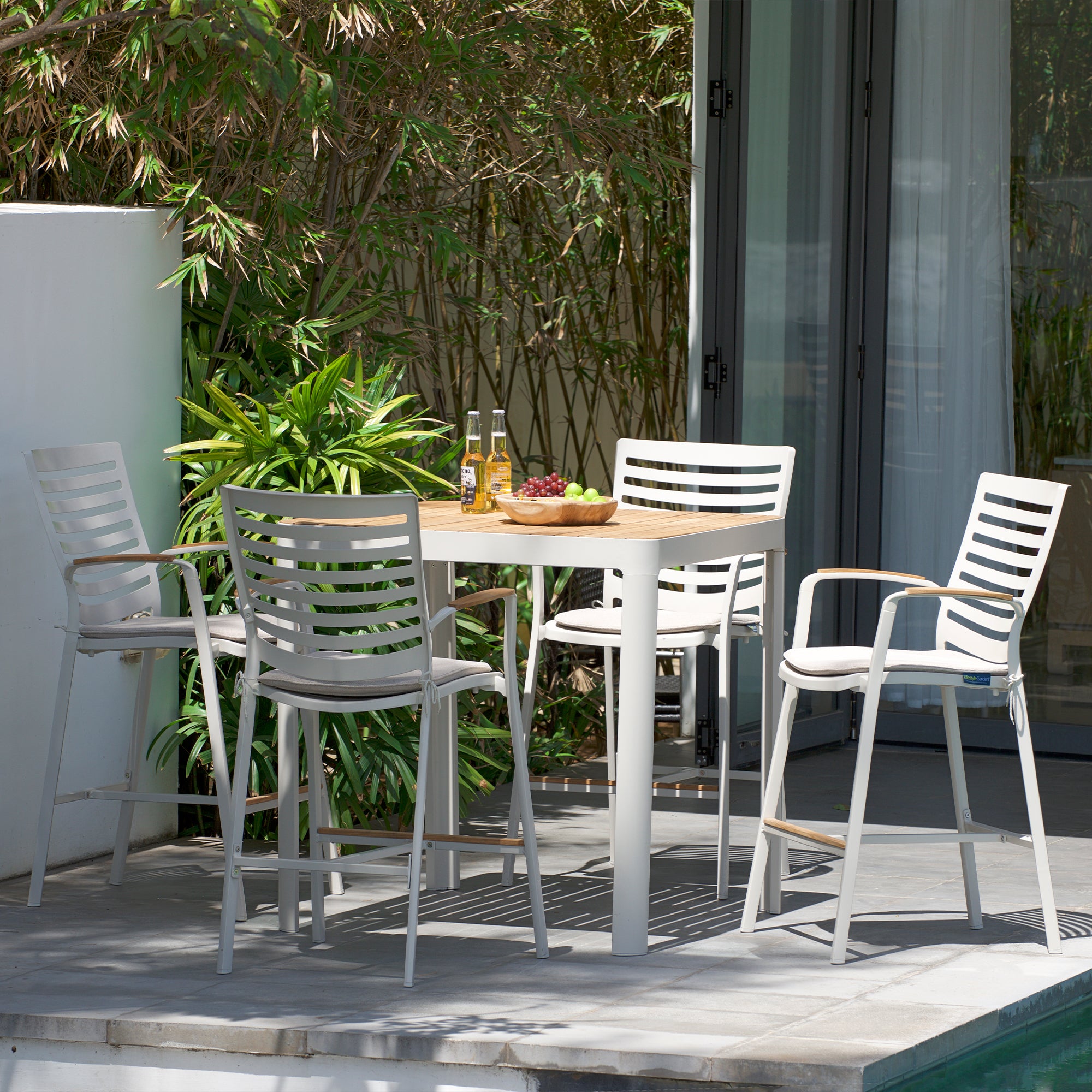 Portals Outdoor Patio Barstool - Aluminum & Teak Wood, Matte Sand