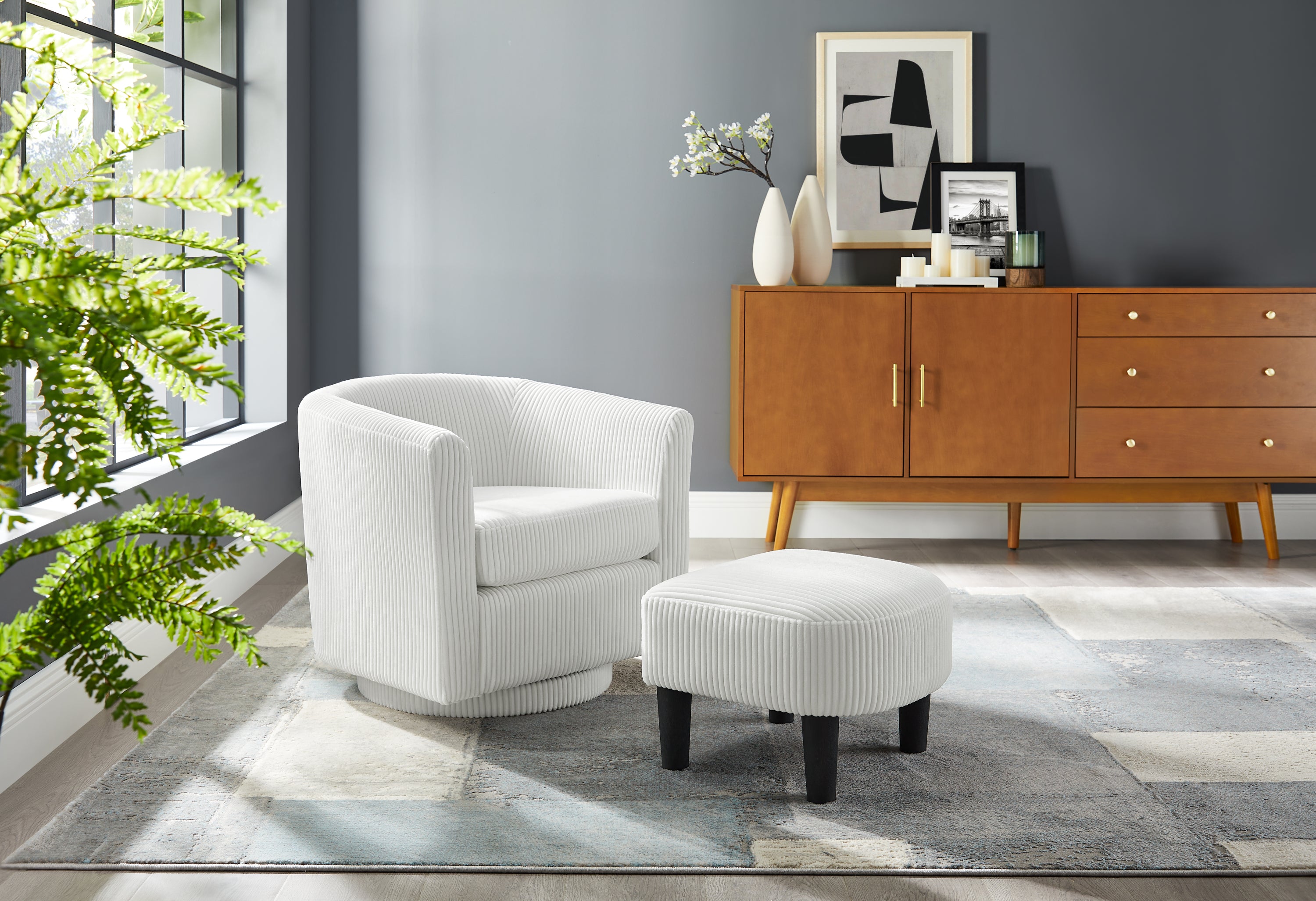 Swivel Accent Chair: 360Β° Corduroy Ottoman