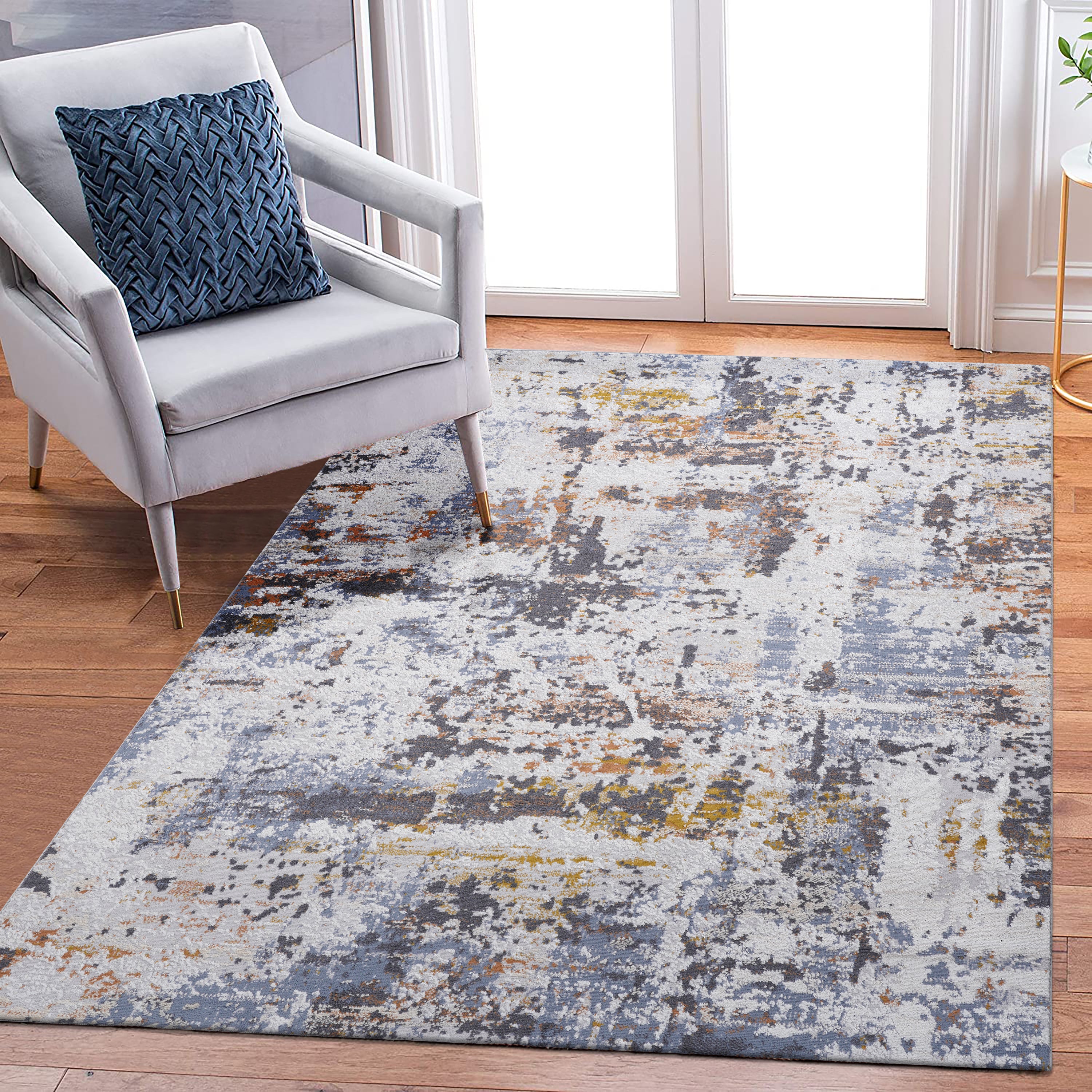 Ivory/Blue Abstract Area Rug: 8x10 Stain-Resistant