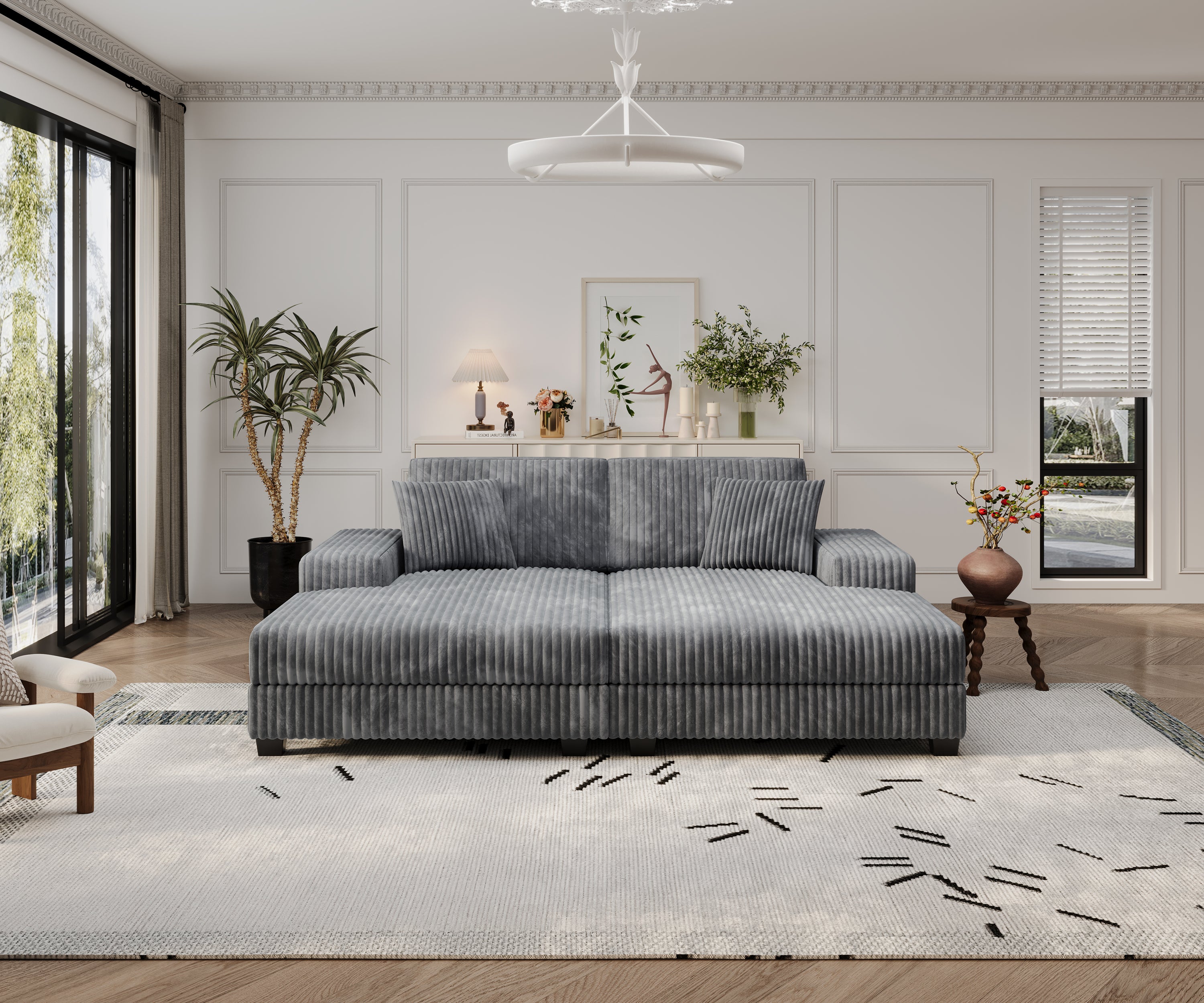 Modern Corduroy Convertible Sofa Bed, Dark Grey