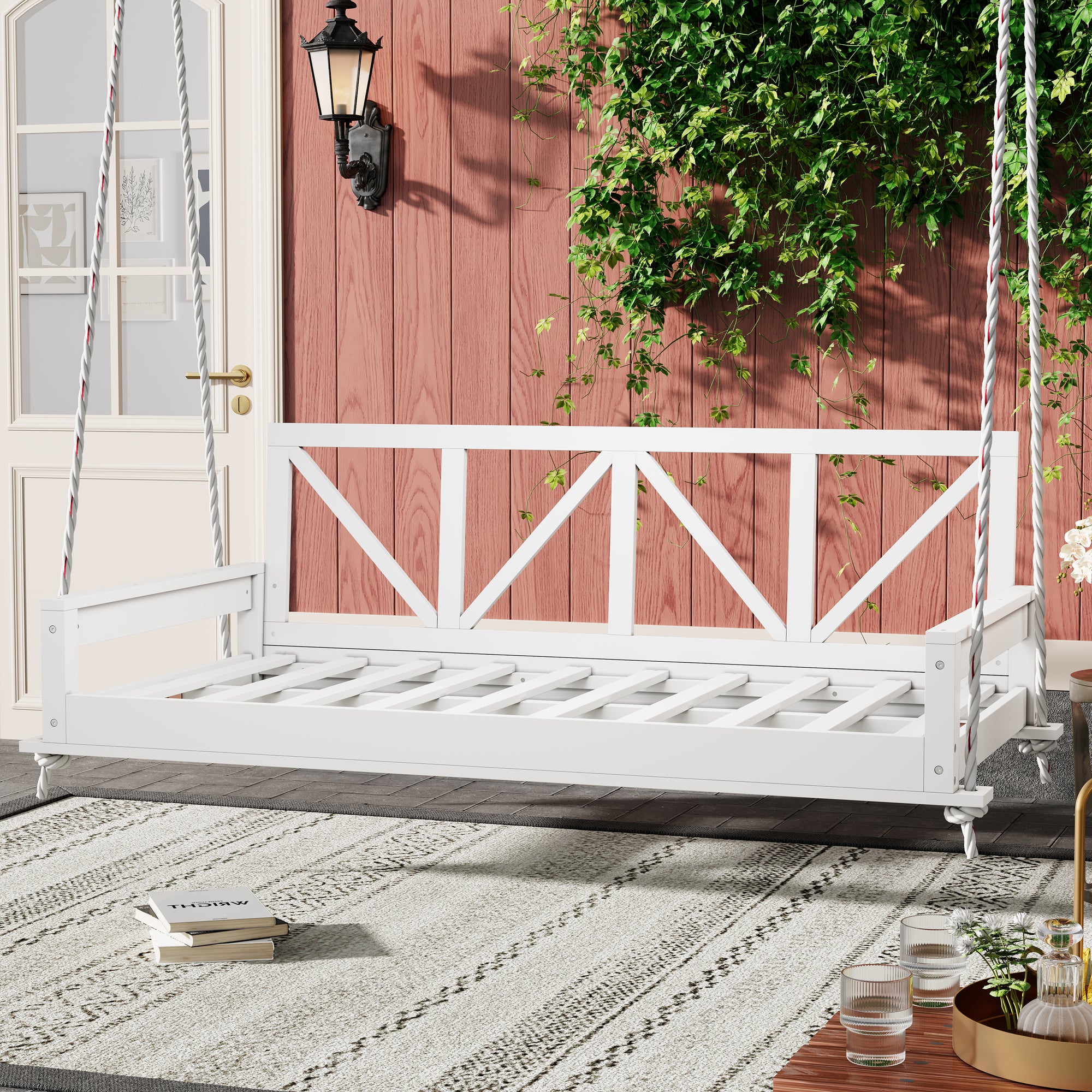 TOPMAX Acacia Wood Twin Patio Swing Bed - Modern Porch Hanging Frame White