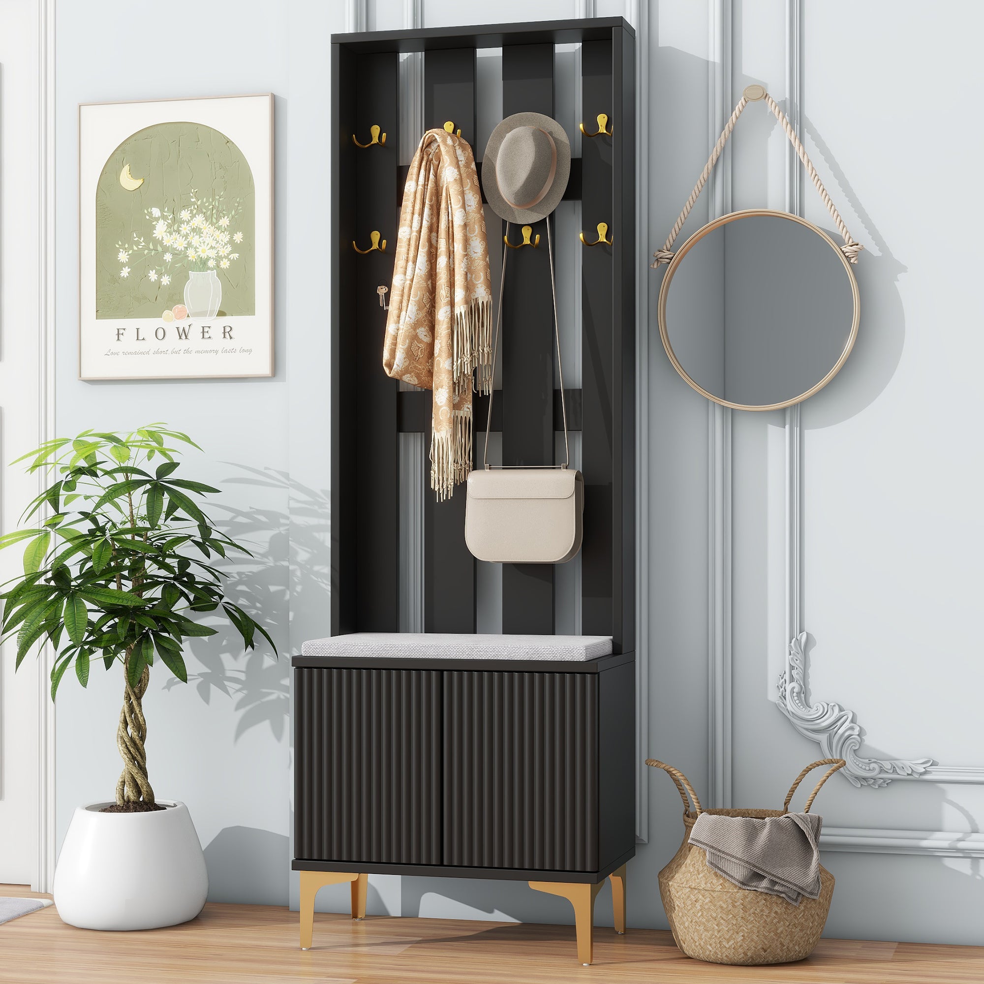 Modern 4-in-1 Hall Tree w/ Cushion & Gold Hooks - Black