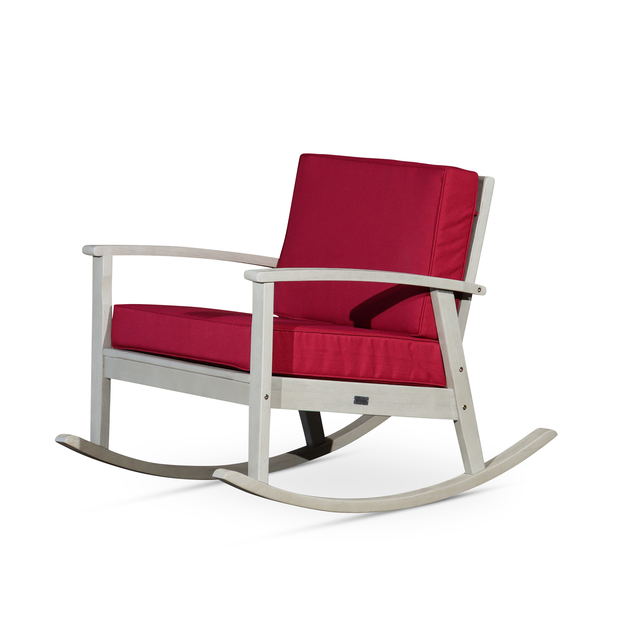 Eucalyptus Rocking Chair: Driftwood Gray Frame, Burgundy Cushions
