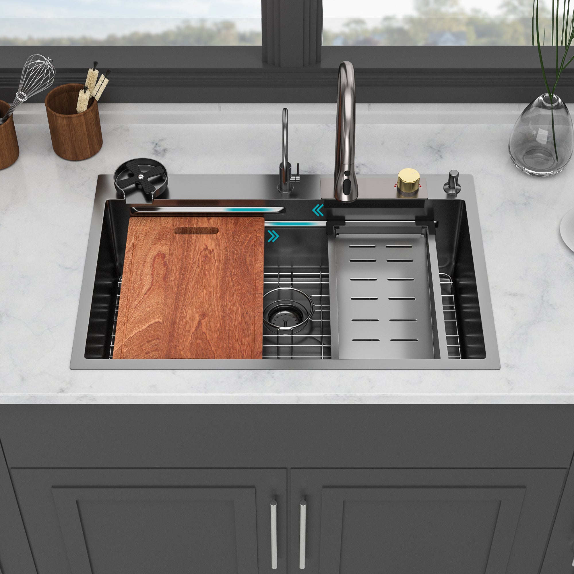 Gunmetal Black Waterfall Kitchen Sink 33x22"