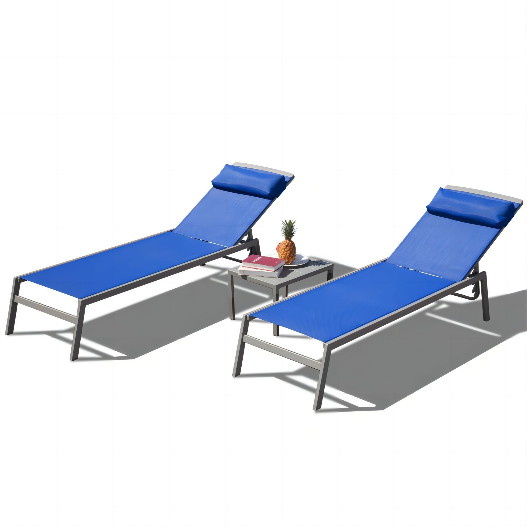 3-Pc Blue Patio Chaise Lounge Set - Adjustable Aluminum Recliner