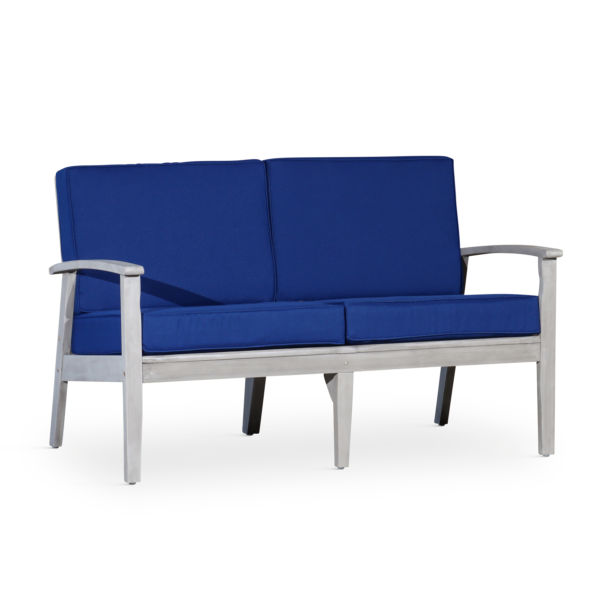 Eucalyptus Outdoor Loveseat: Silver Gray Frame, Navy Cushions
