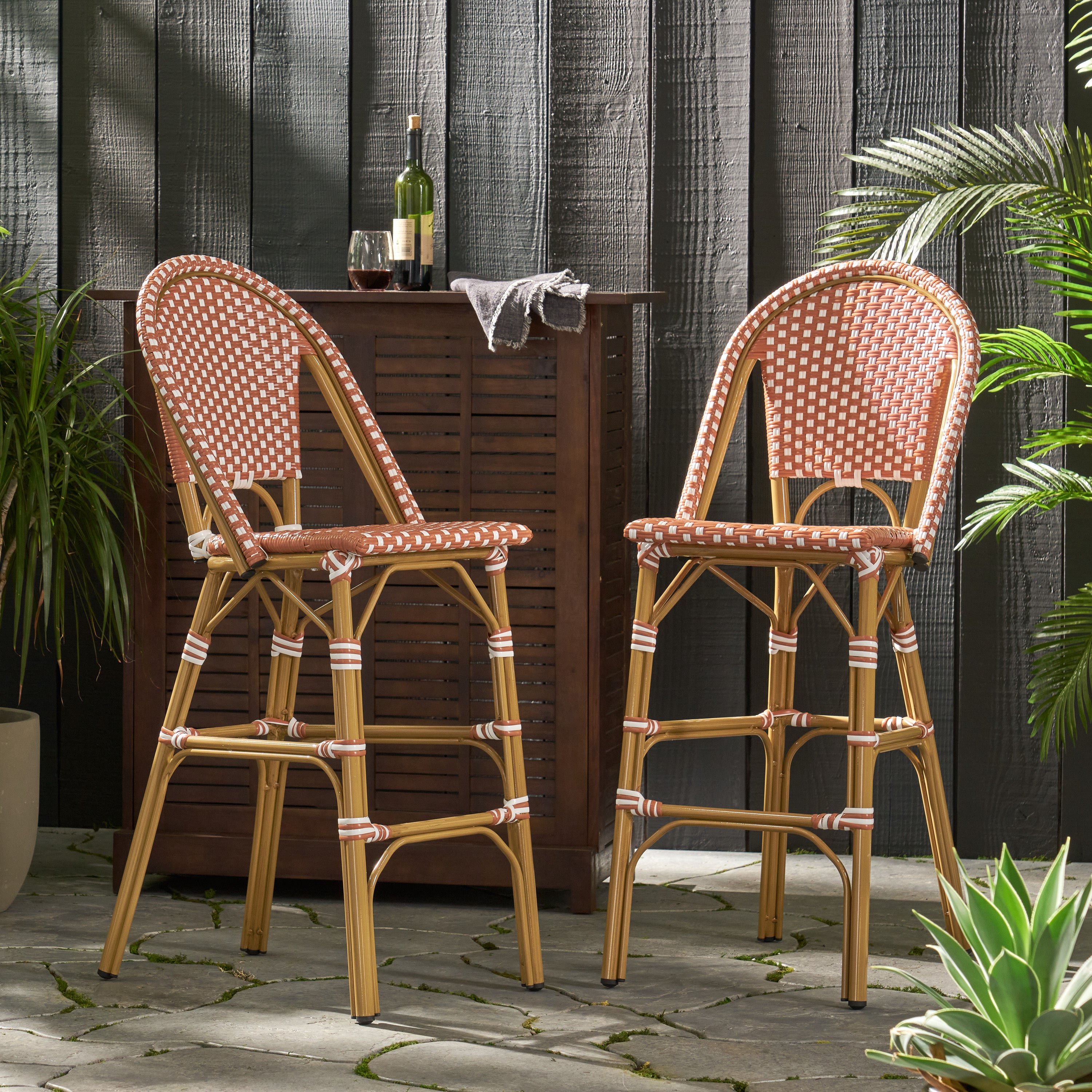 Rattan French Barstools (Set of 2) - Red & White
