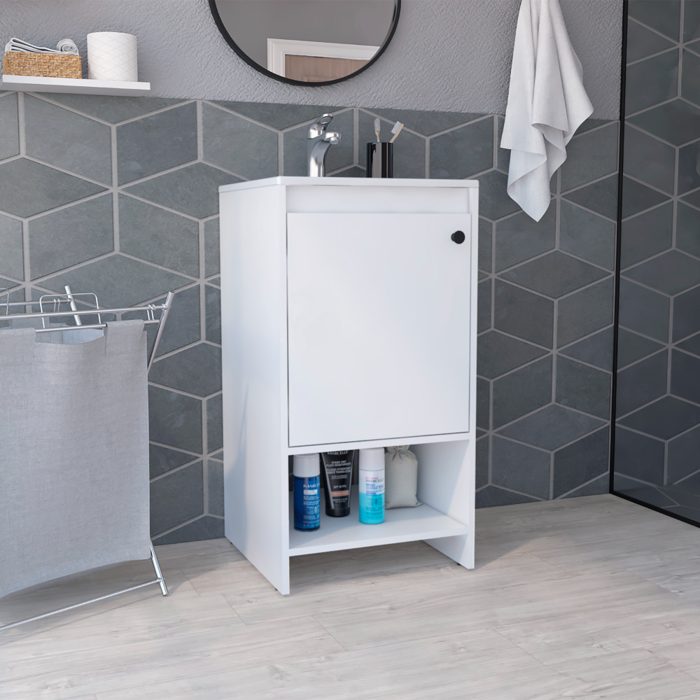 Jane White Bathroom Vanity: Single Door, 2 Shelves