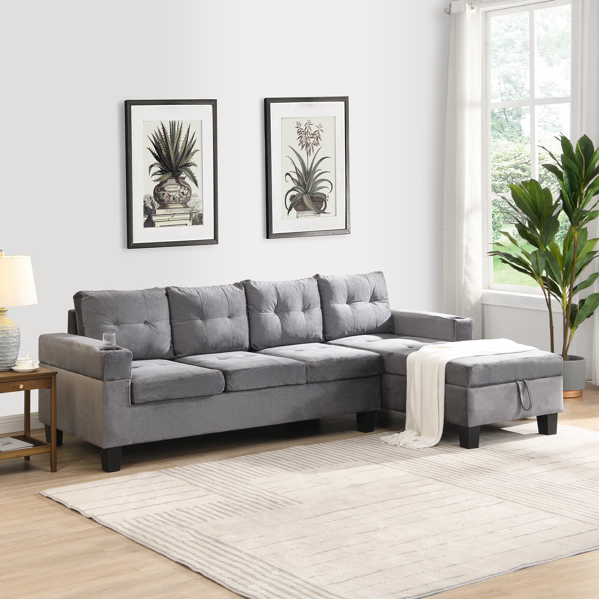 Modern Sectional Sofa Set w/ Storage Chaise & Cup Holder (Grey)