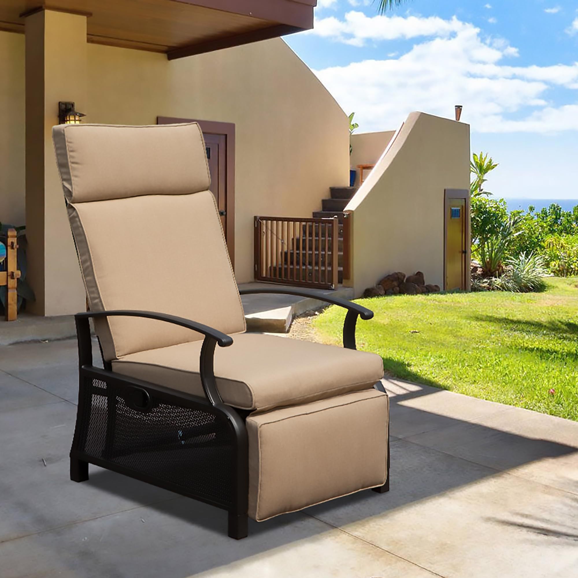 Adjustable Patio Recliner Chair Metal Outdoor Lounge w/Flip Table, Beige