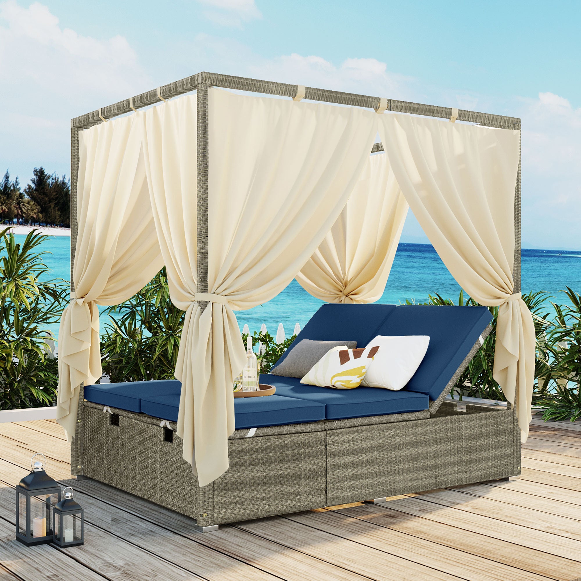 U-Style Adjustable Sun Bed with Curtain, High Comfort & 3 Color Choices