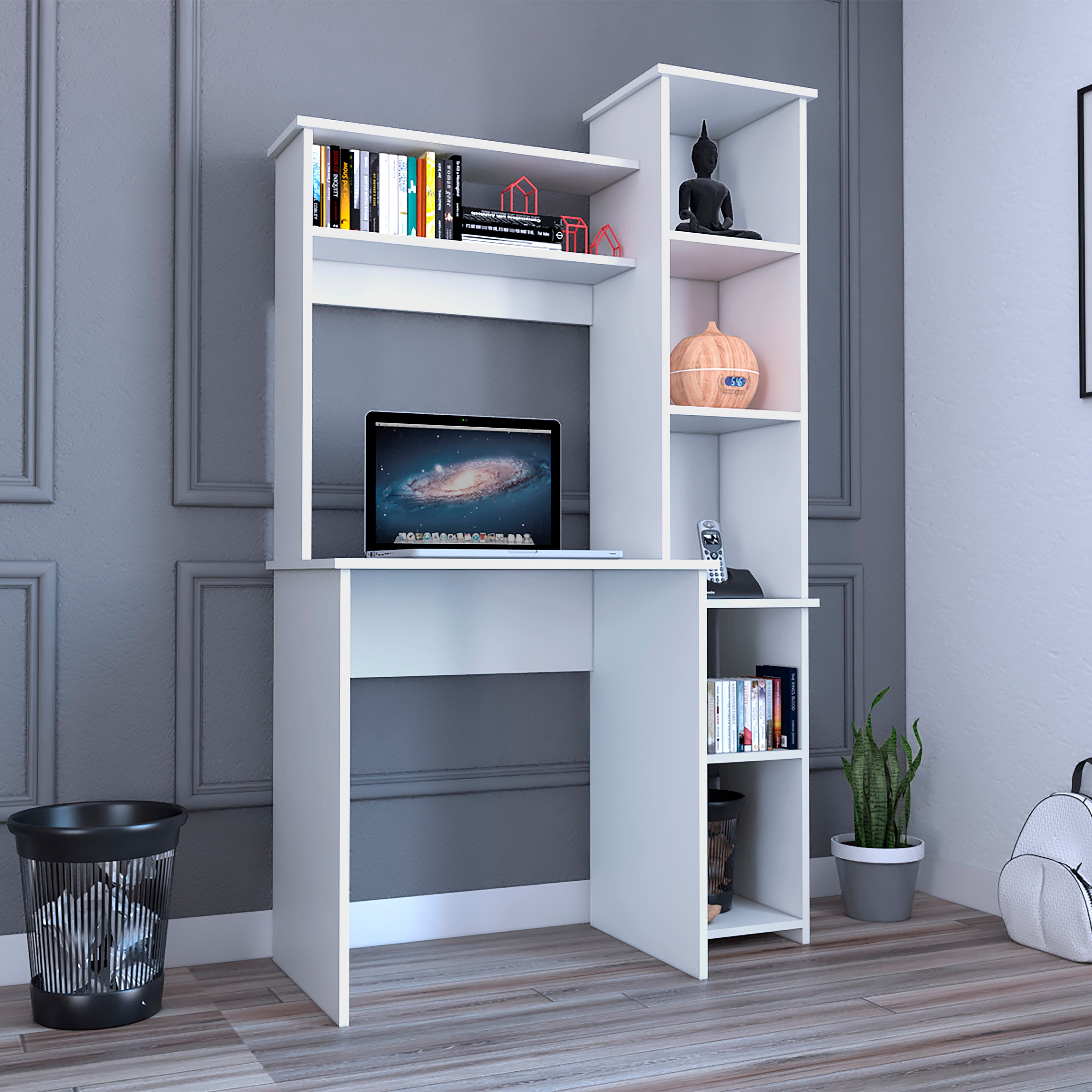 Logan Desk, 5 Cubbies, White Finish