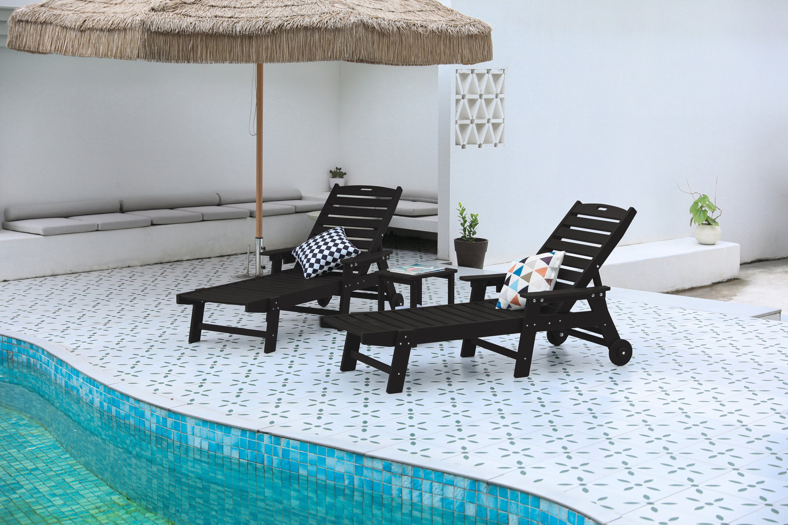 Black Patio Chaise Lounge Set with Table, 5-Position, Wheels