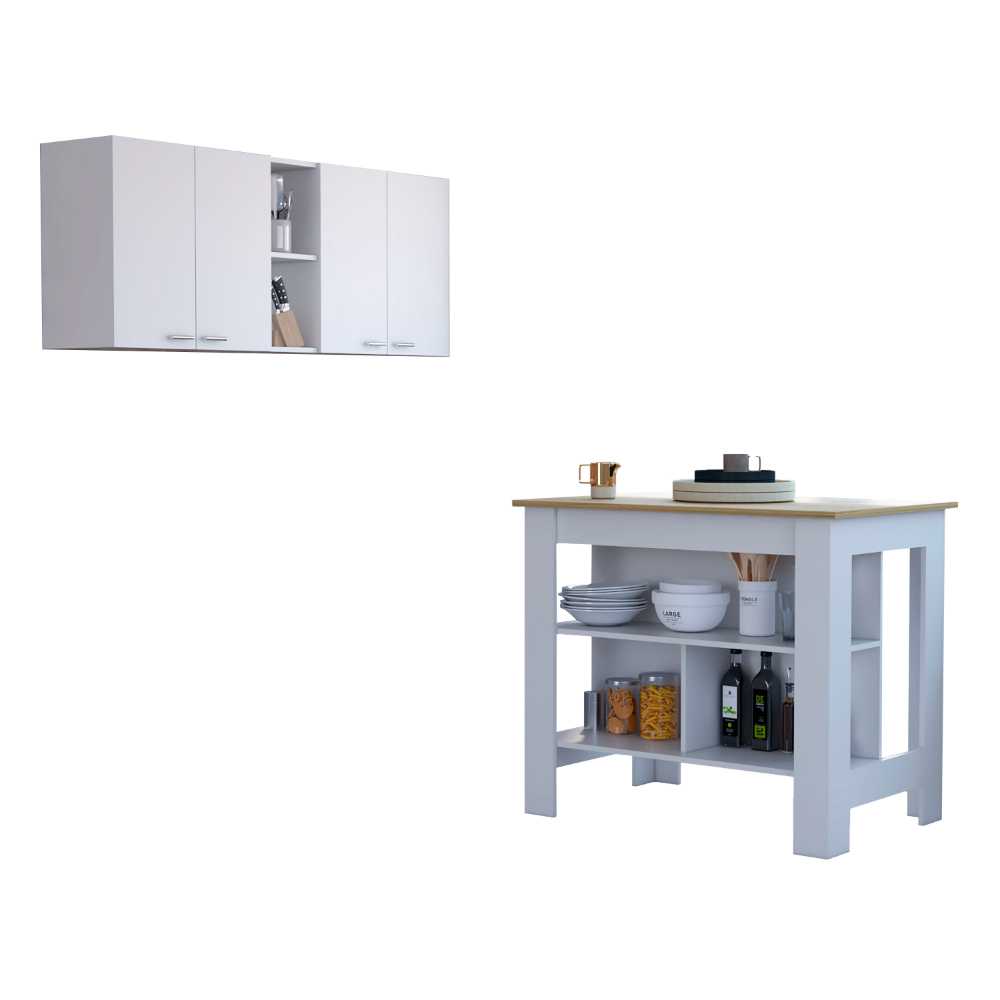 White & Oak Kitchen Set: 7-Shelf, 4-Door Island