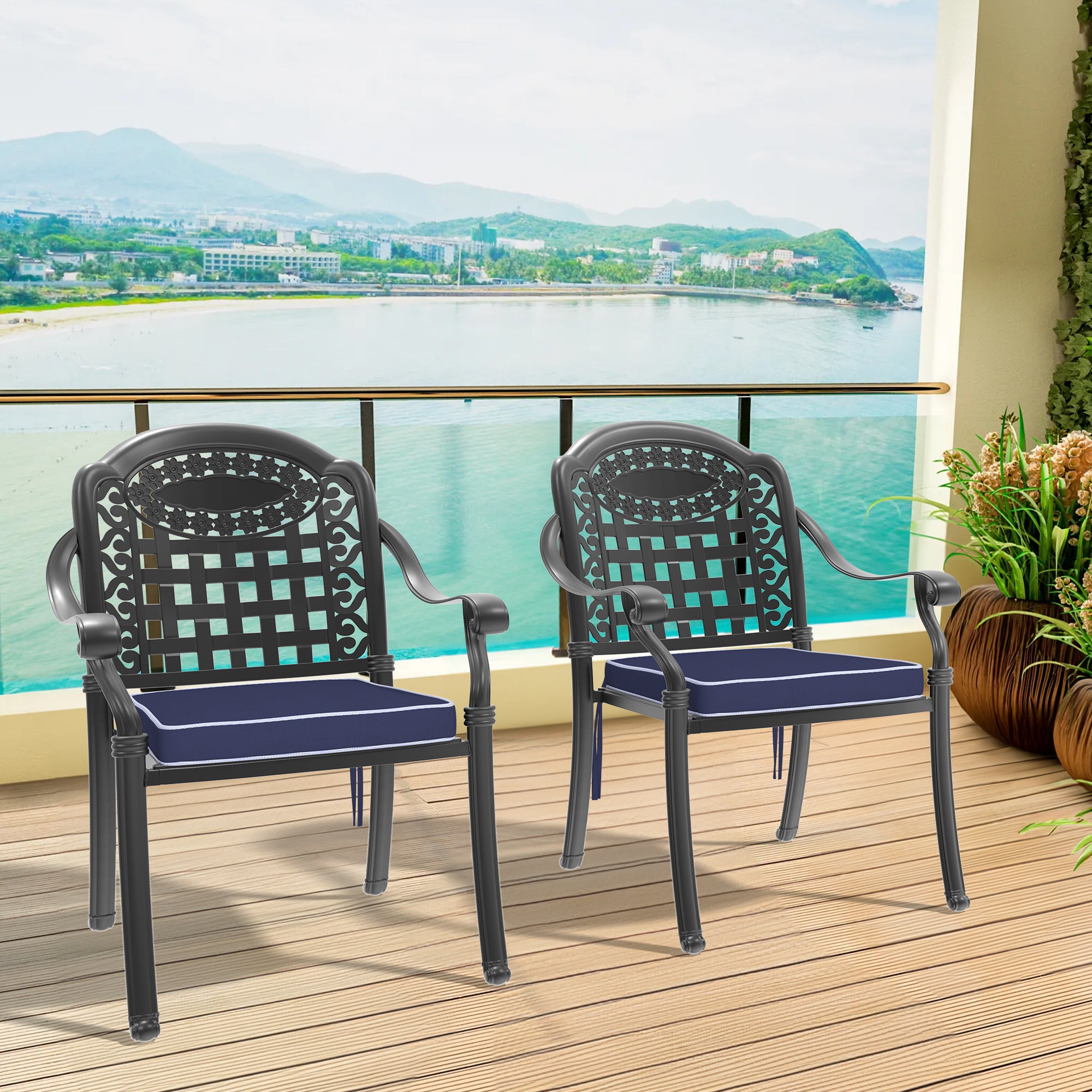 Cast Aluminum Patio Dining Chairs (2-PC Set) - Black Frame, Blue Cushions