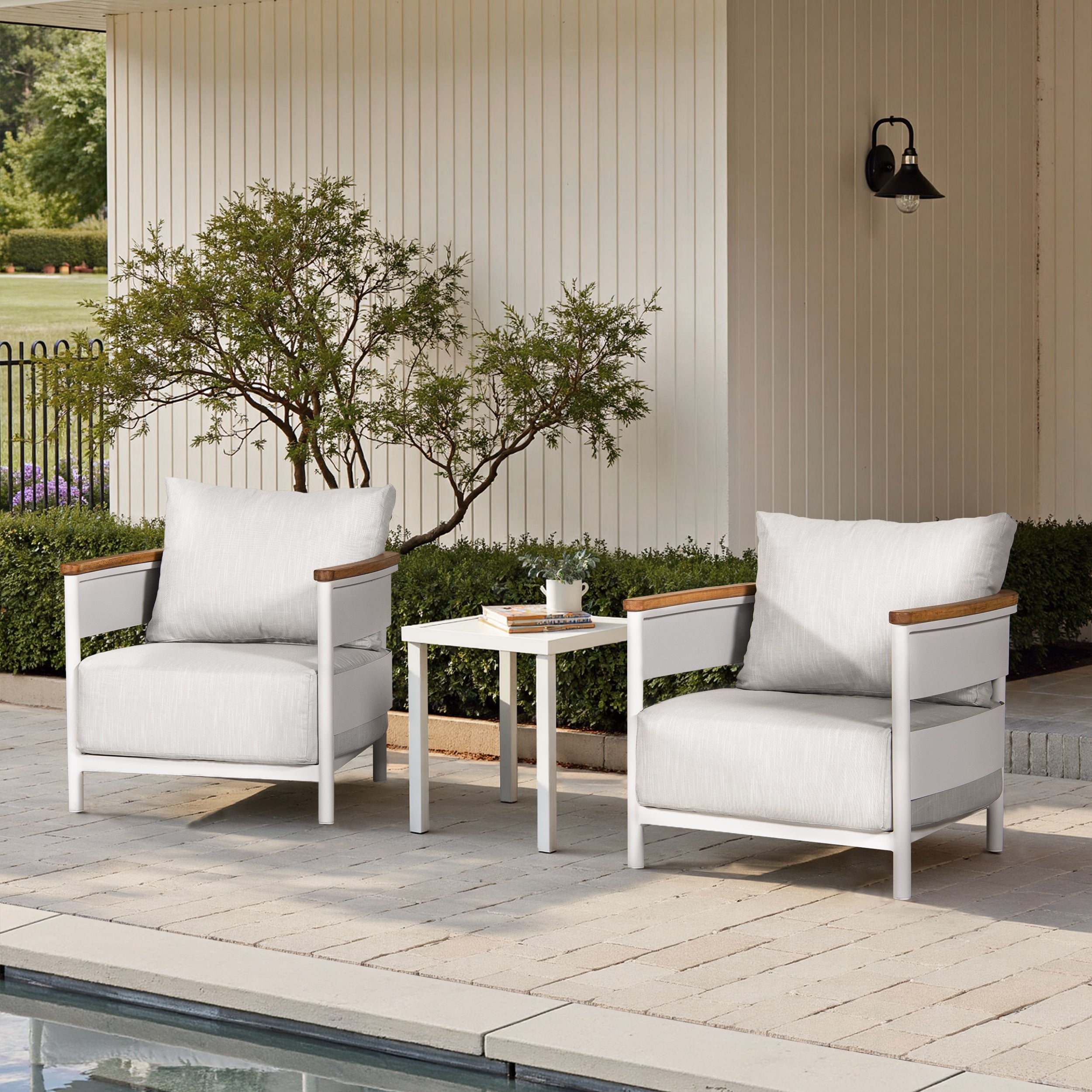 Rhodes Upholstered Teak & Aluminum Patio Arm Chair - Birch Gray Chenille