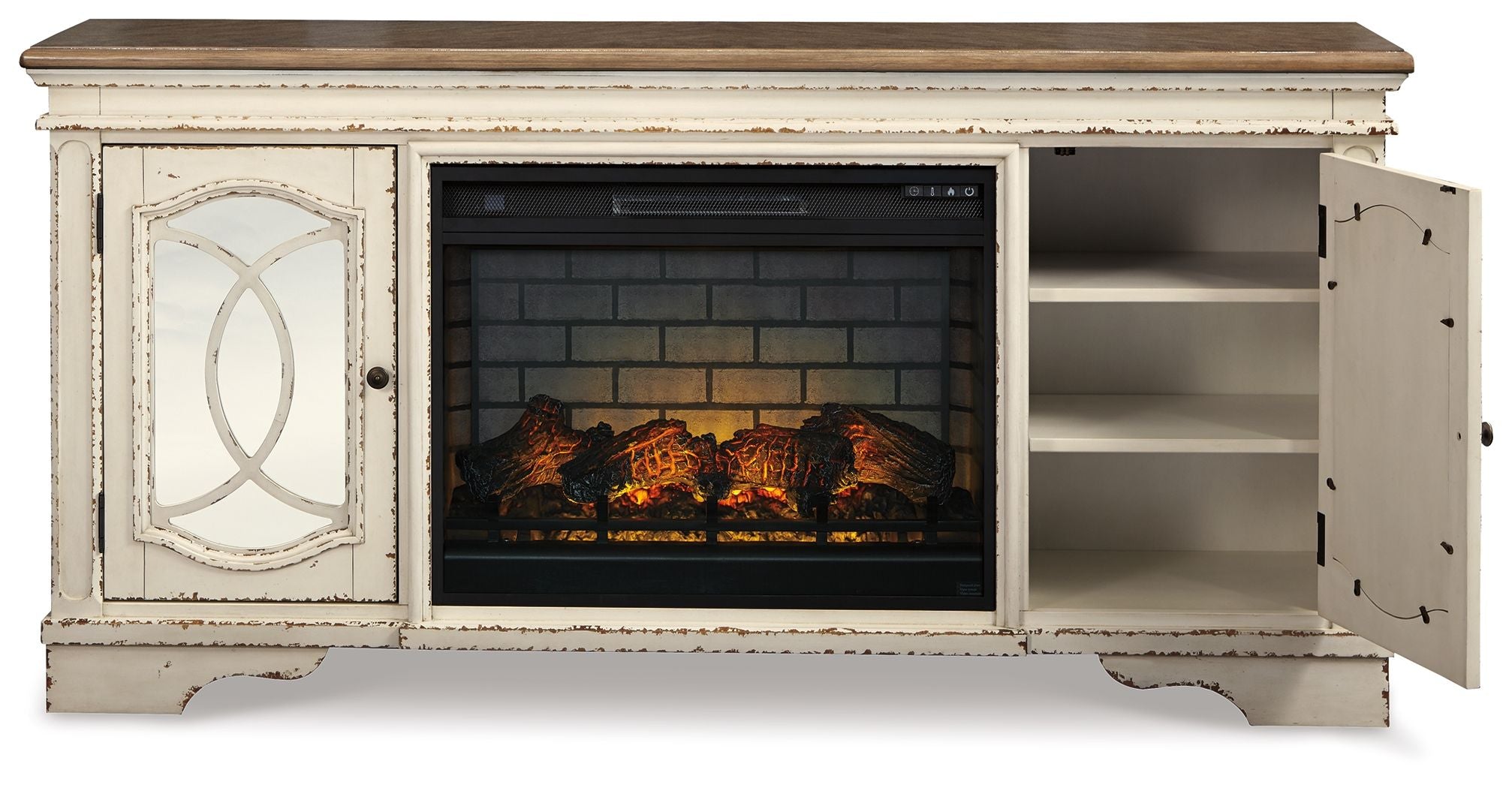 Realyn - 2 Pc. - 74" TV Stand with Electric Infrared Fireplace Insert - Chipped White