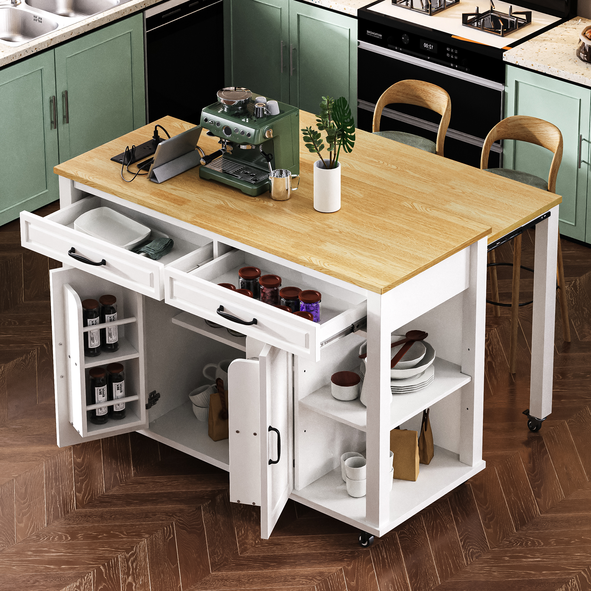 K&K 47" Kitchen Island w/ Dining Table & Storage - White