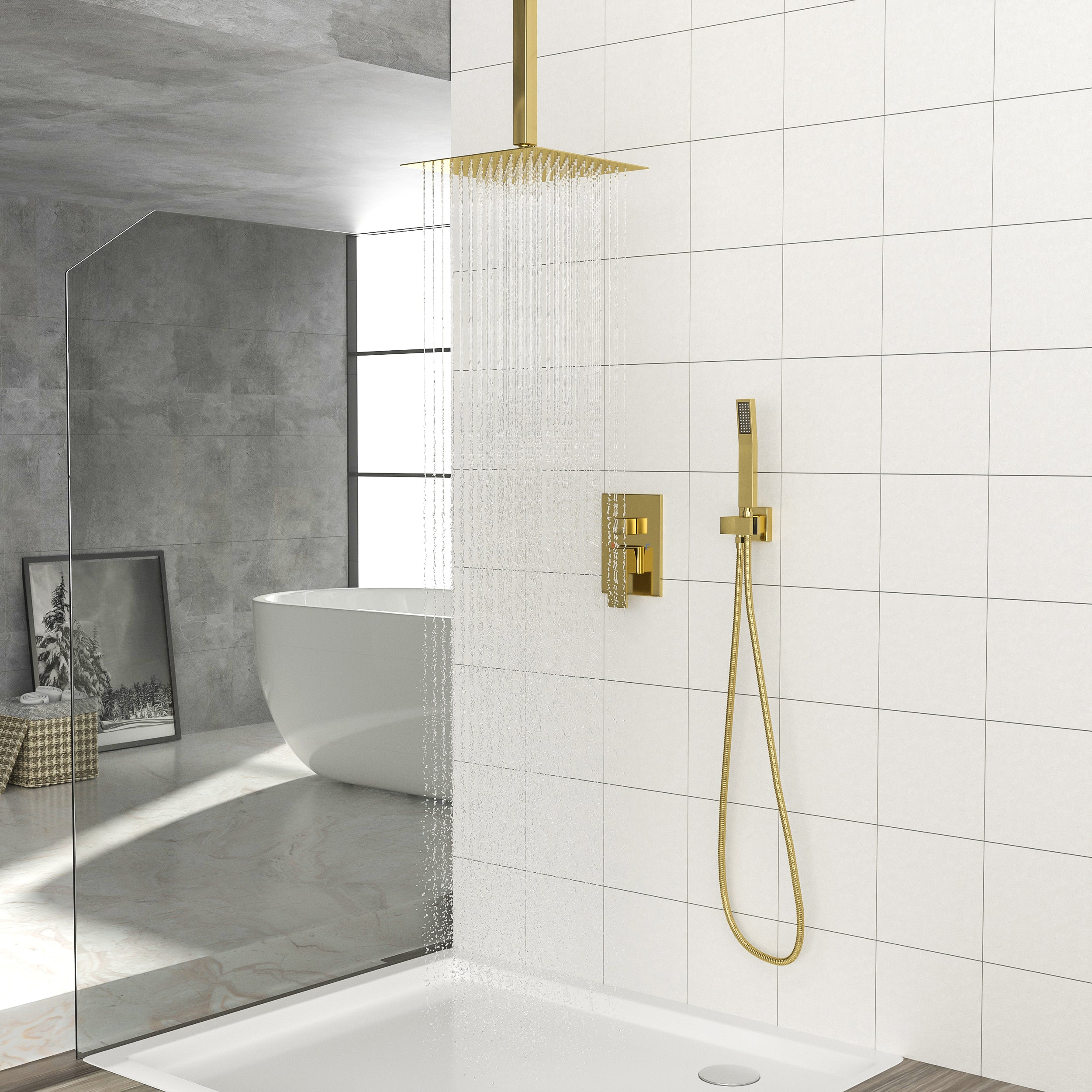 Gold Square Shower Head System: 16" Ceiling Mount