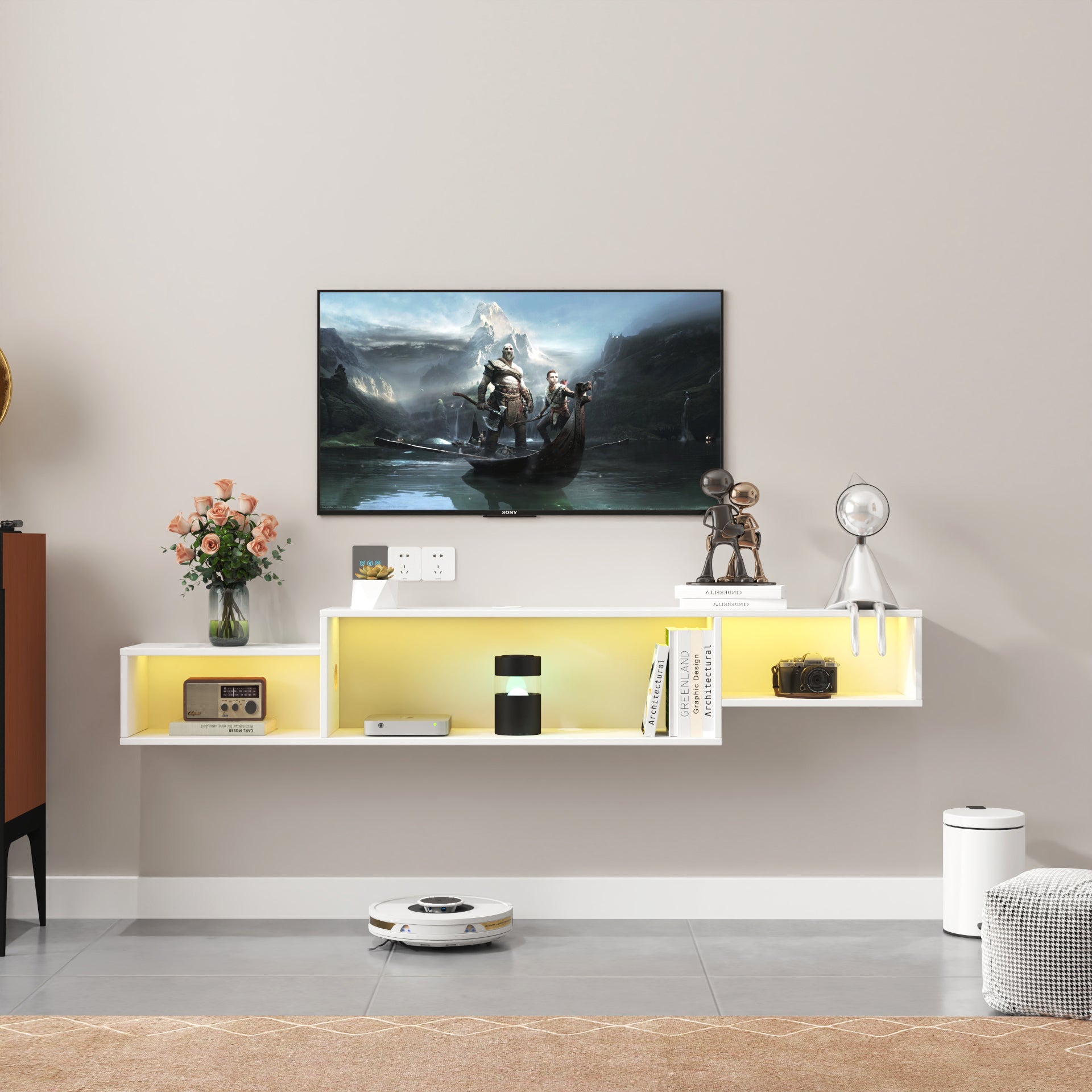 65.35" Floating TV Stand w/ LED Lights & Charging Station