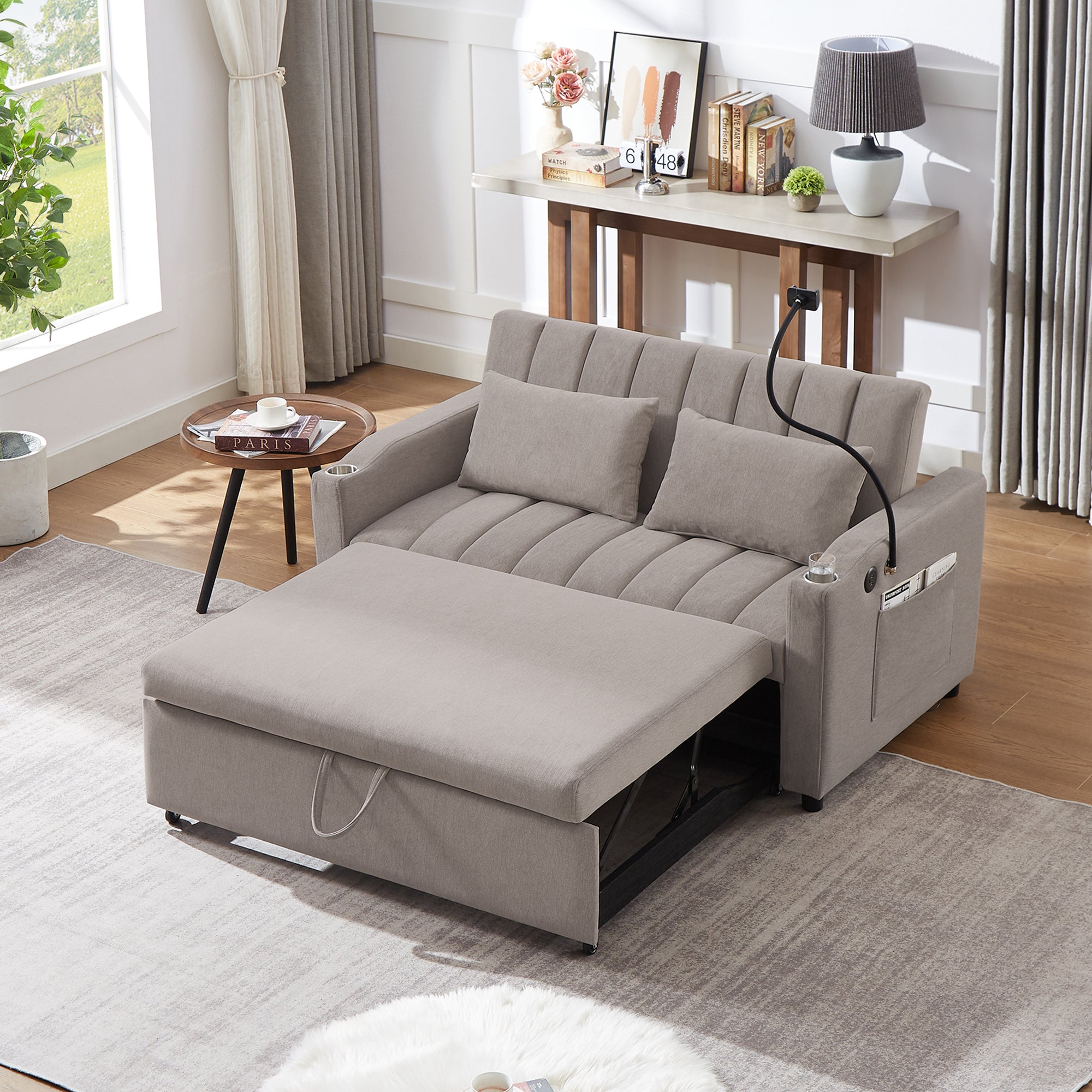 Convertible Sofa Bed: 55.9" w/ USB & Swivel Holder
