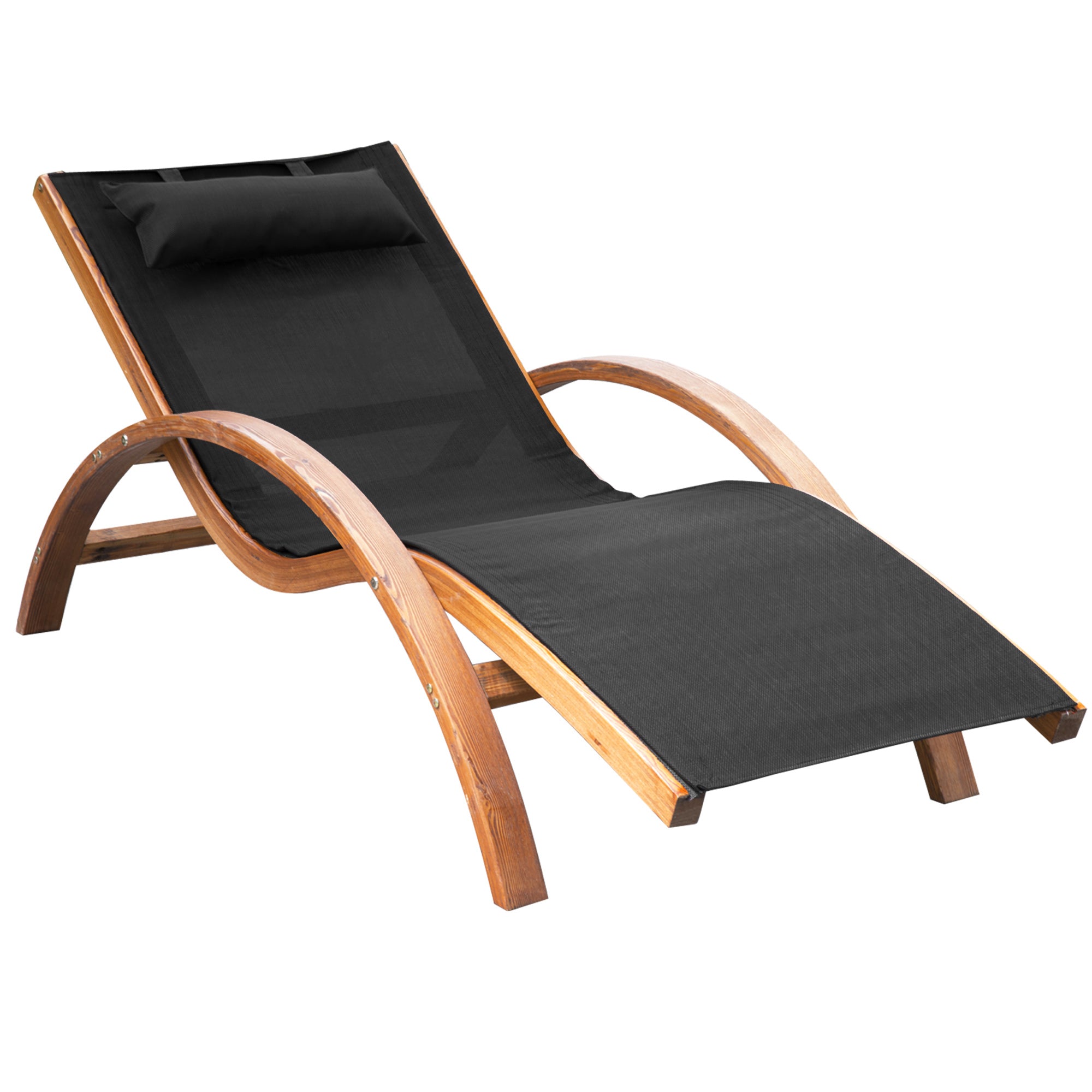 Outsunny Outdoor Chaise Wood Lounge Chair w/ Pillow, Armrests, Mesh