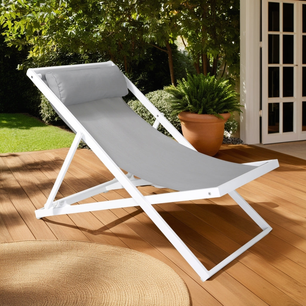 Wave Outdoor Patio Aluminum Deck Chair with White & Gray Sling Textilene