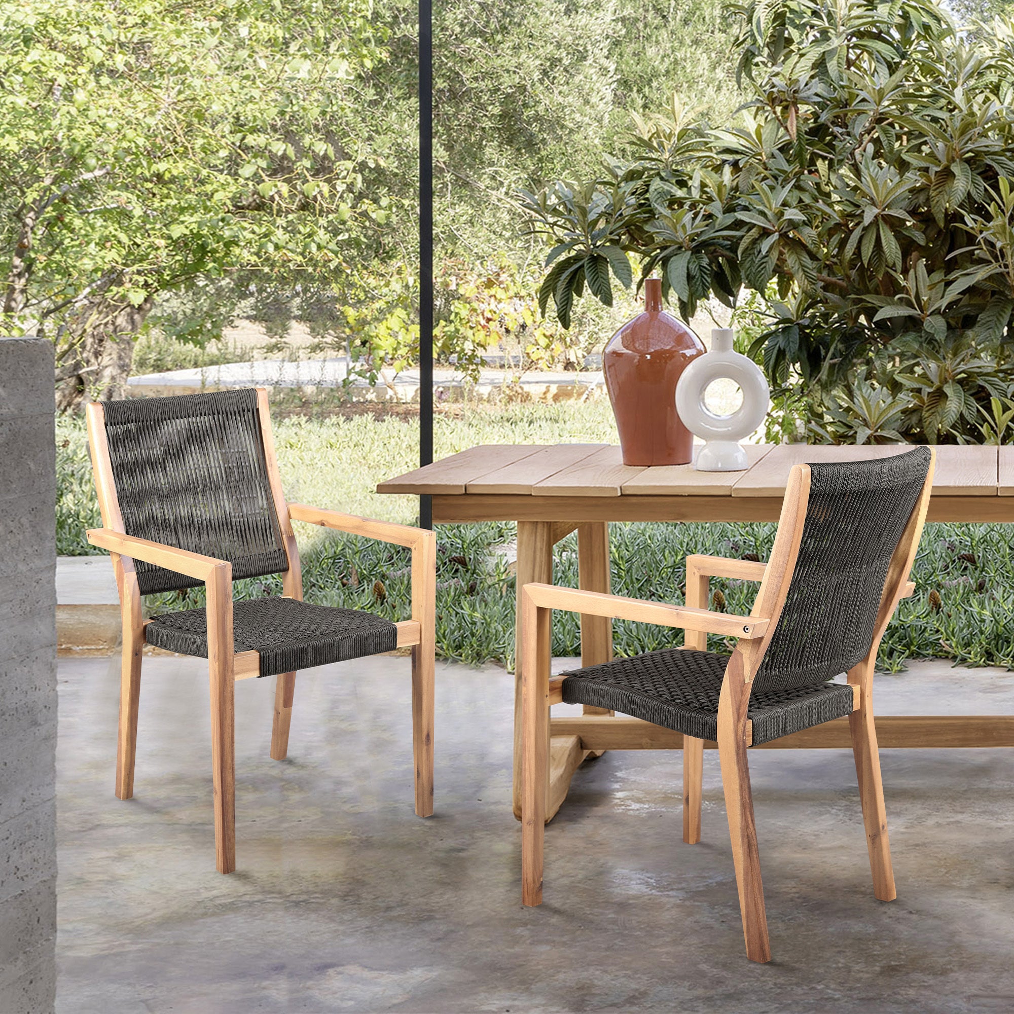 Eucalyptus Wood Rope Outdoor Dining Chairs with Teak Finish - Set of 2