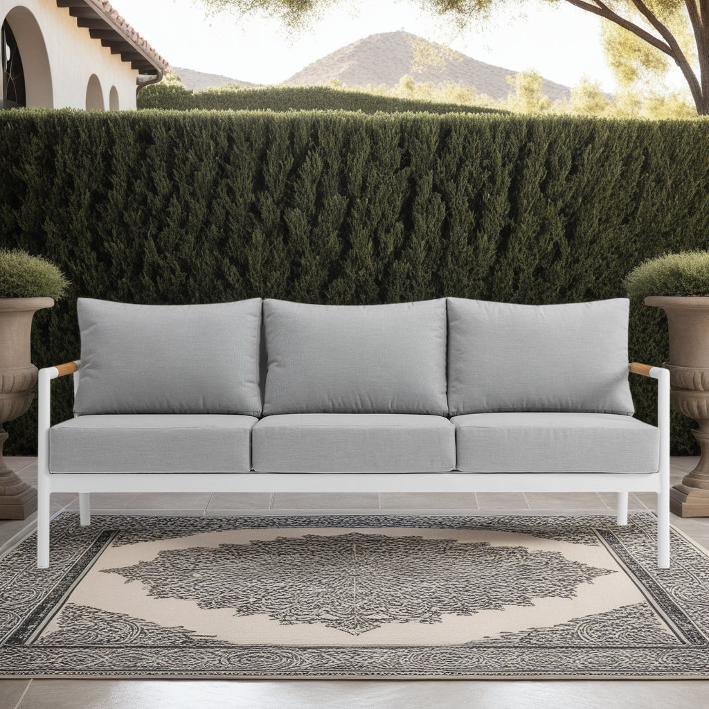 Outdoor Sofa: Crown Aluminum & Teak Wood - White & Gray