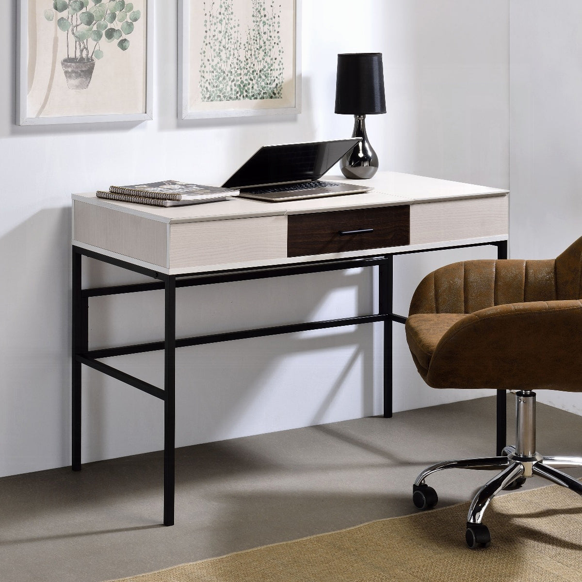 Natural & Black Writing Desk w/ USB Port