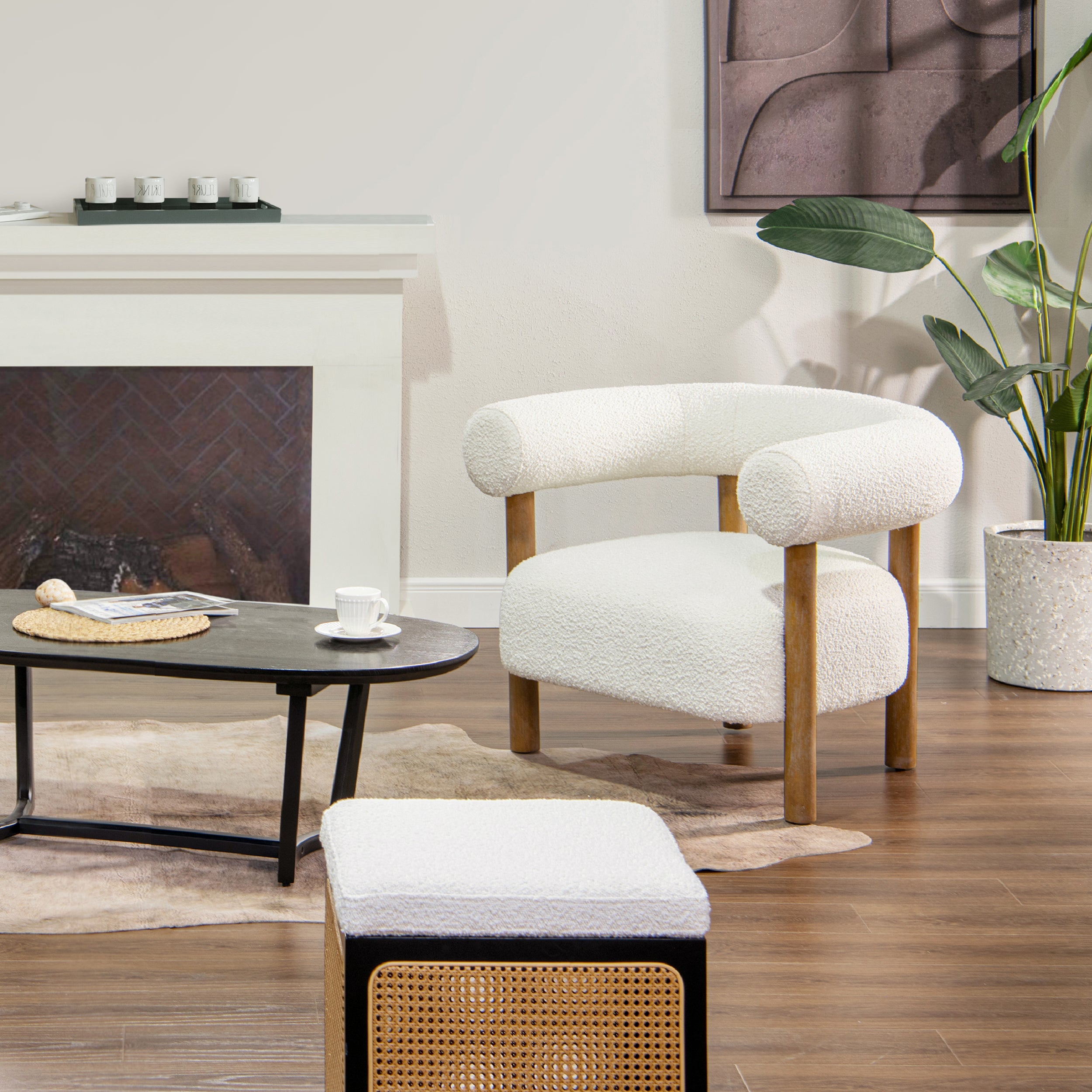 Mid-Century Modern Fuji Barrel Chair, Ivory Boucle