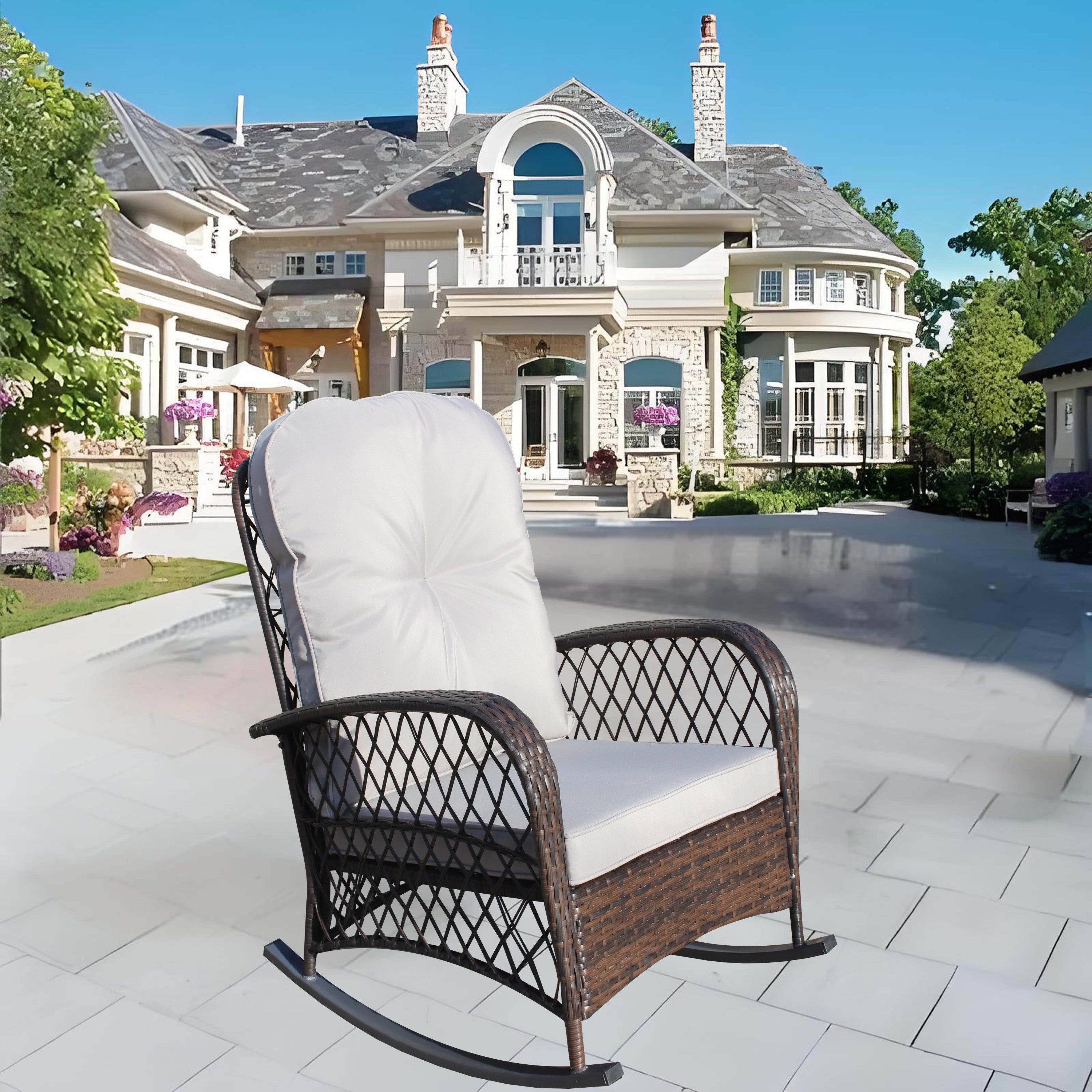 Outdoor Wicker Rattan Rocking Chair w/ Thick Grey Cushion for Patio