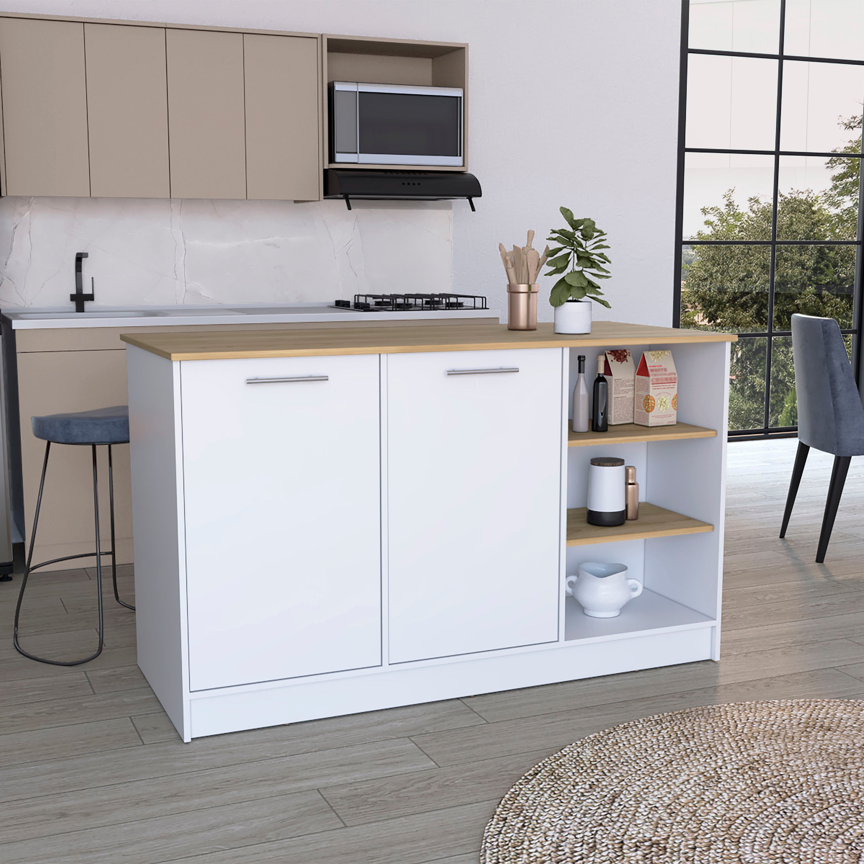 Ginger Kitchen Island w/ Shelves & Cabinets