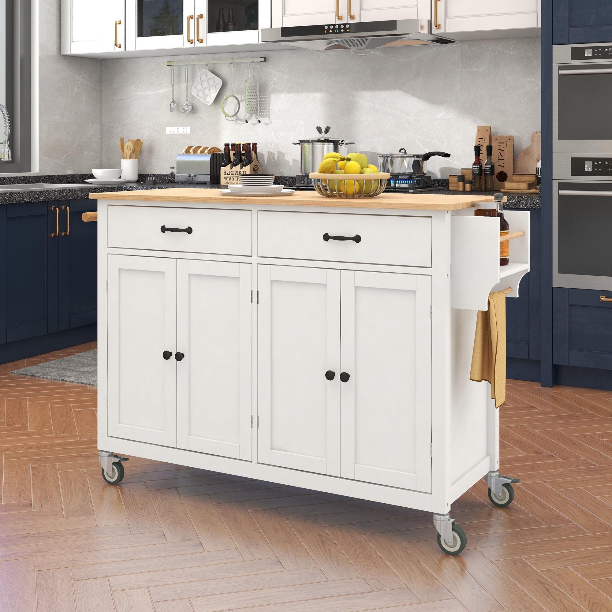 White Kitchen Island Cart: Solid Wood Top, Locking Wheels