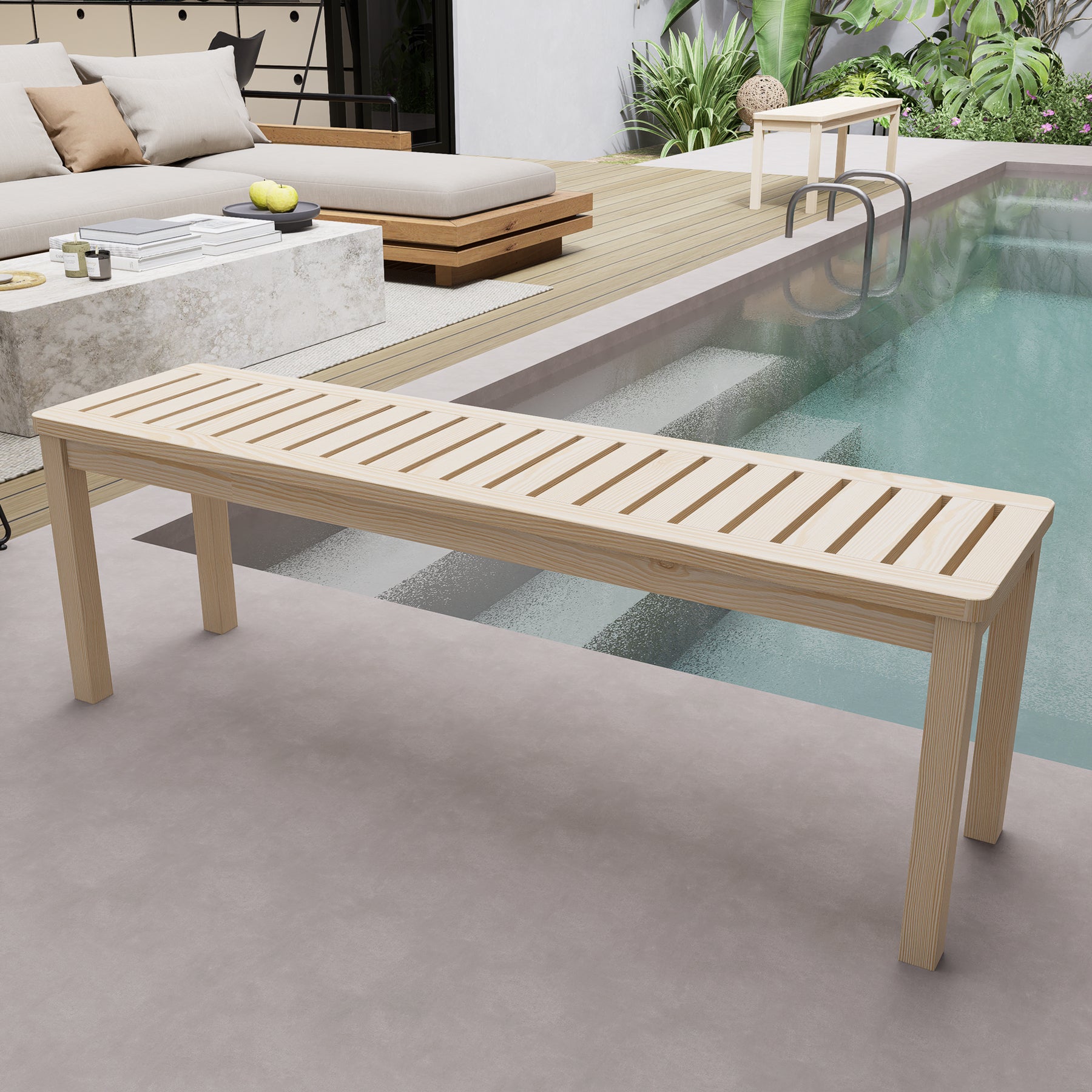 52.1' Outdoor Solid Pine Backless Bench - Dining Patio Pool Slatted