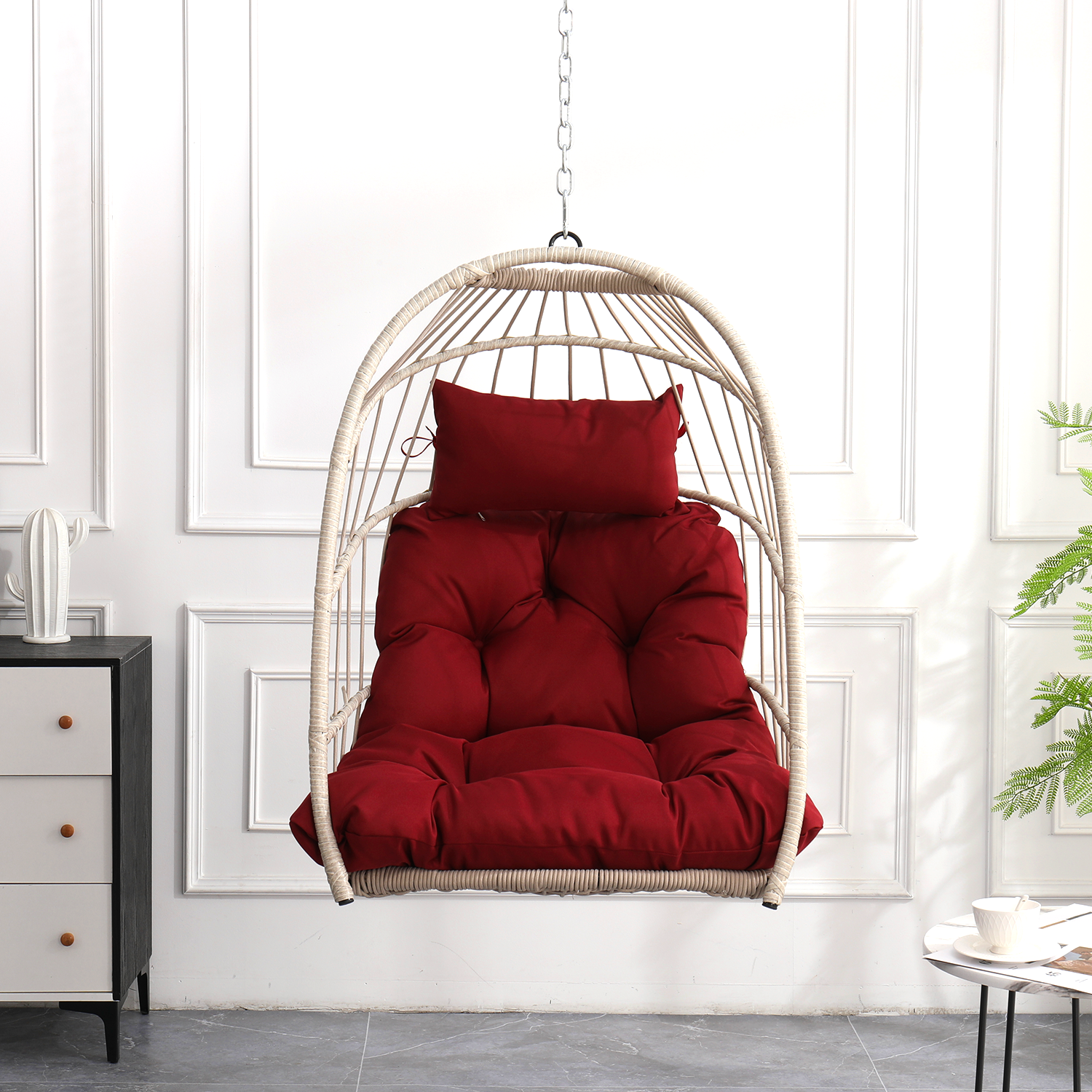 Outdoor Red Rattan PE Egg Hanging Swing Chair for Garden & Patio