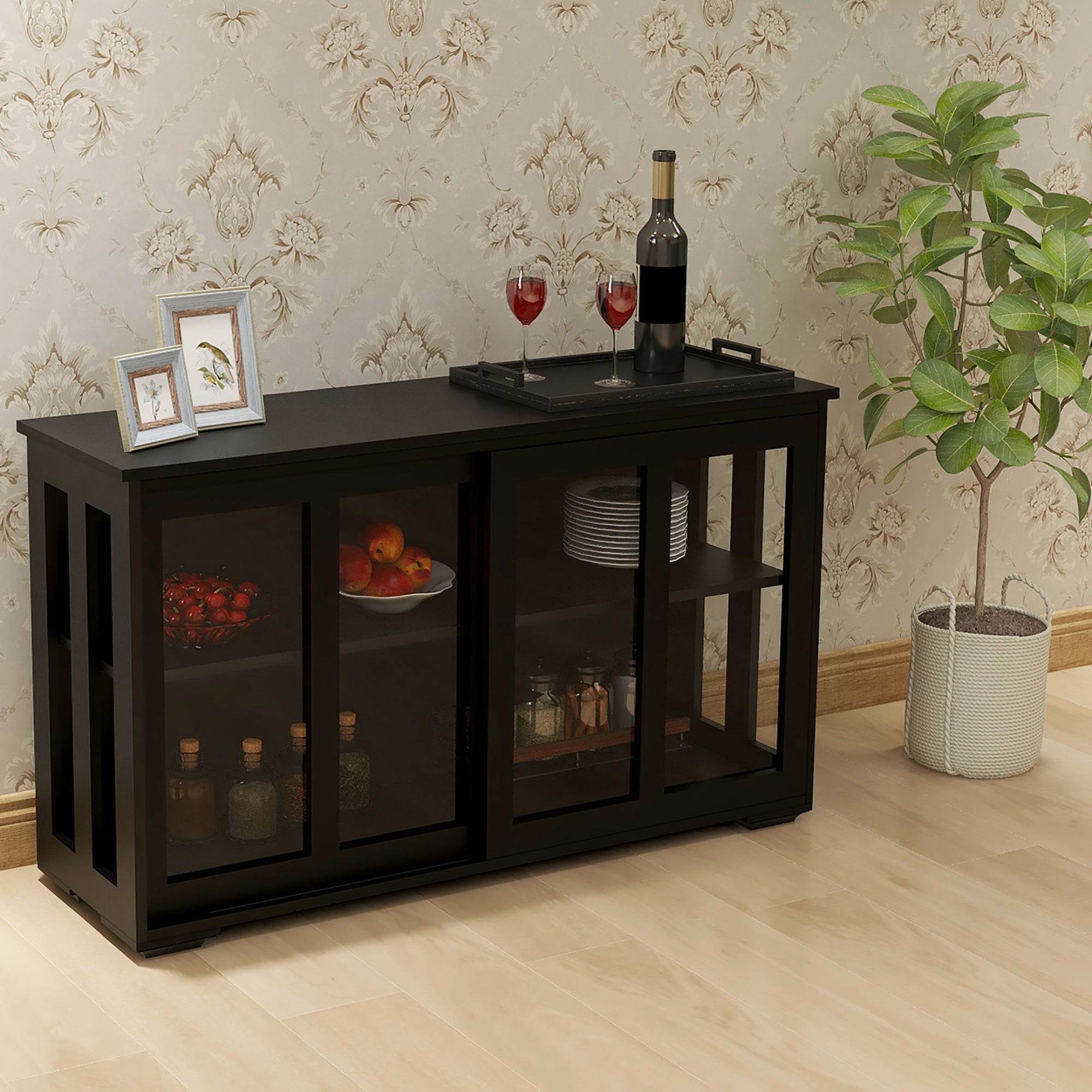 Black Glass Door Kitchen Storage Cupboard