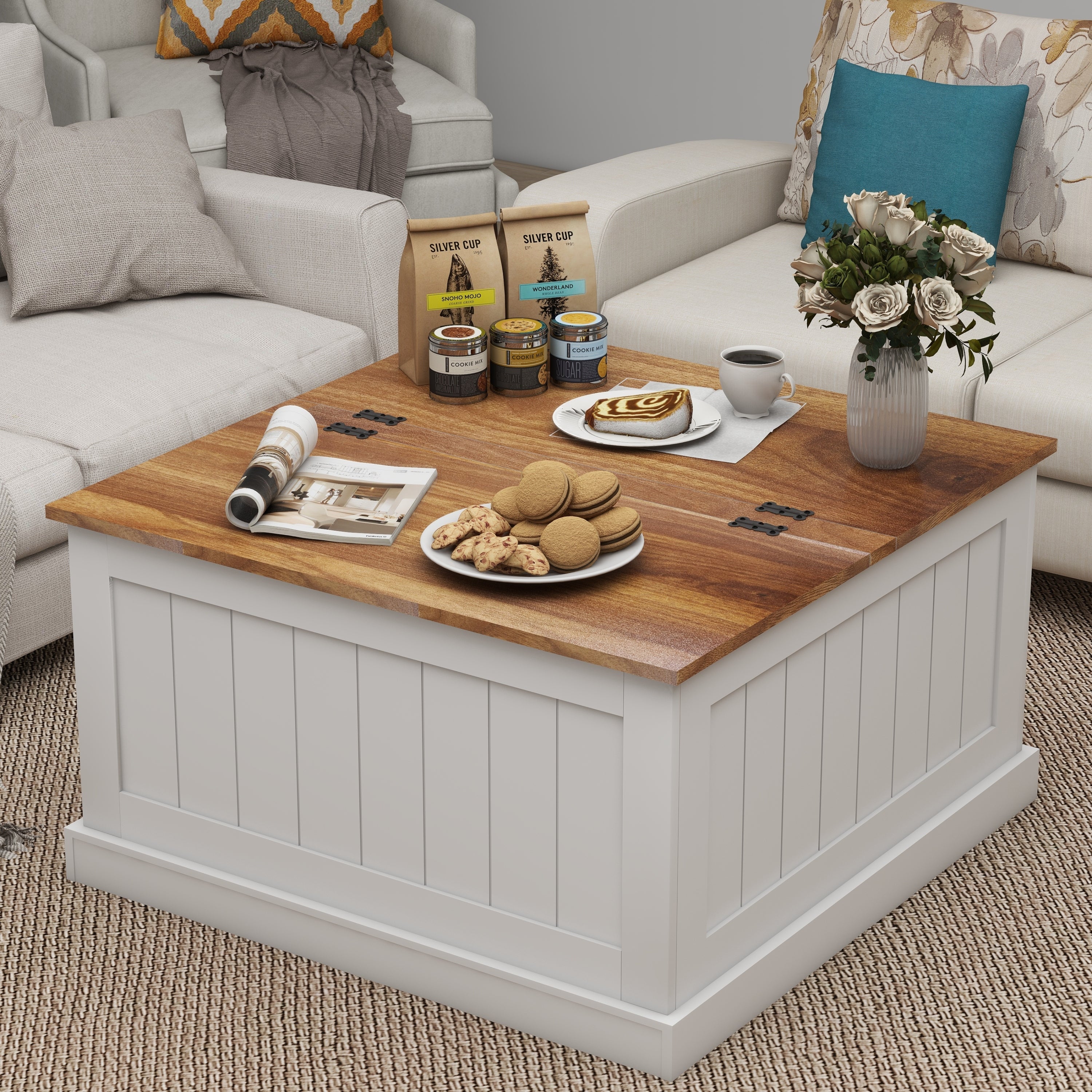 31.5" Farmhouse Coffee Table w/ Lift Top & Storage - White