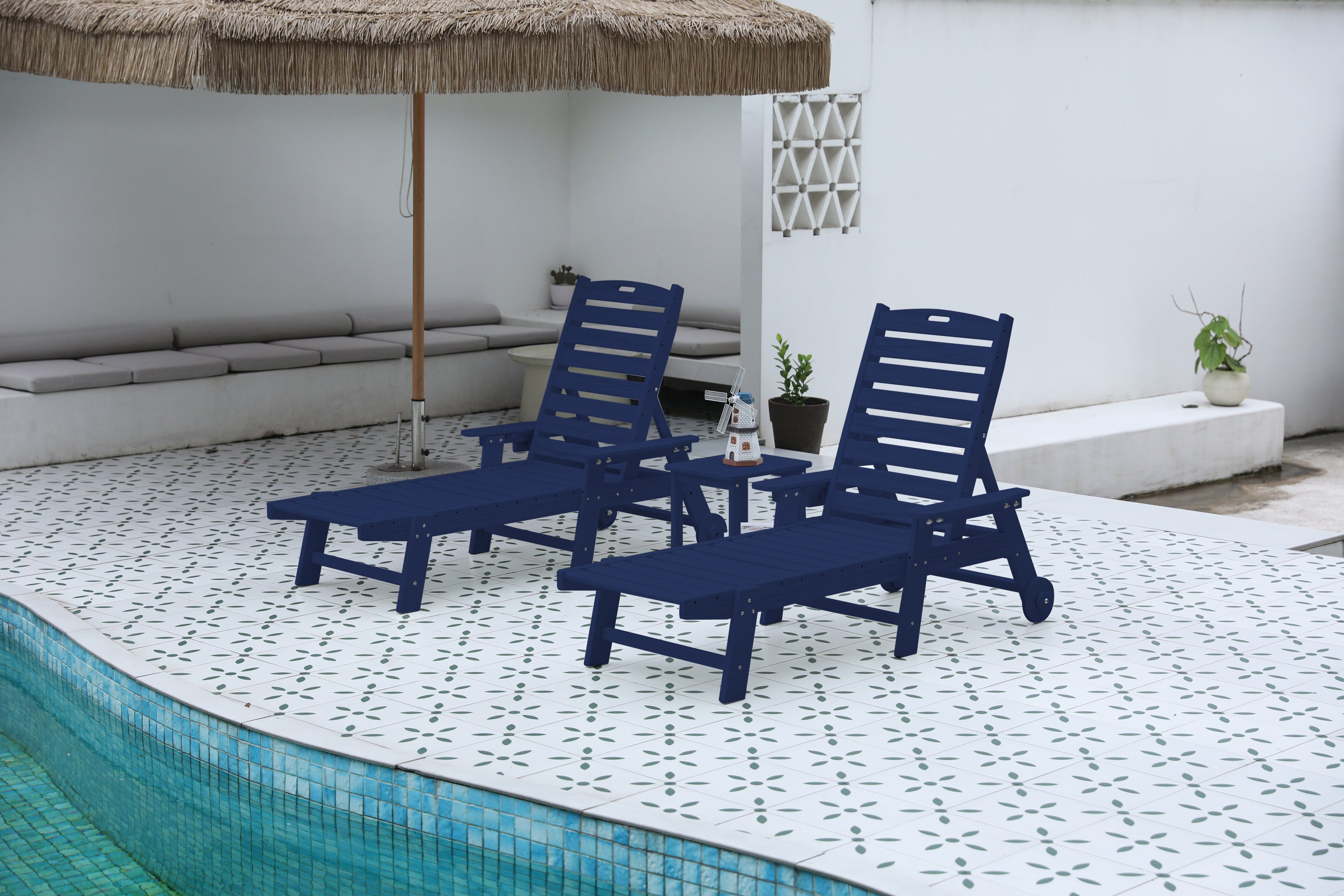 Oversized Navy 3-Pc Patio Lounge Set w/Table, 5-Pos, Wheels
