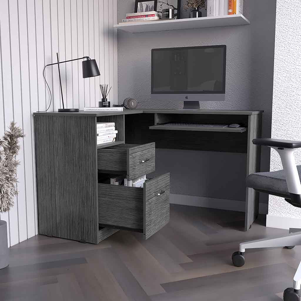 Bradford L-Shaped Desk w/ Keyboard Shelf - Smokey Oak