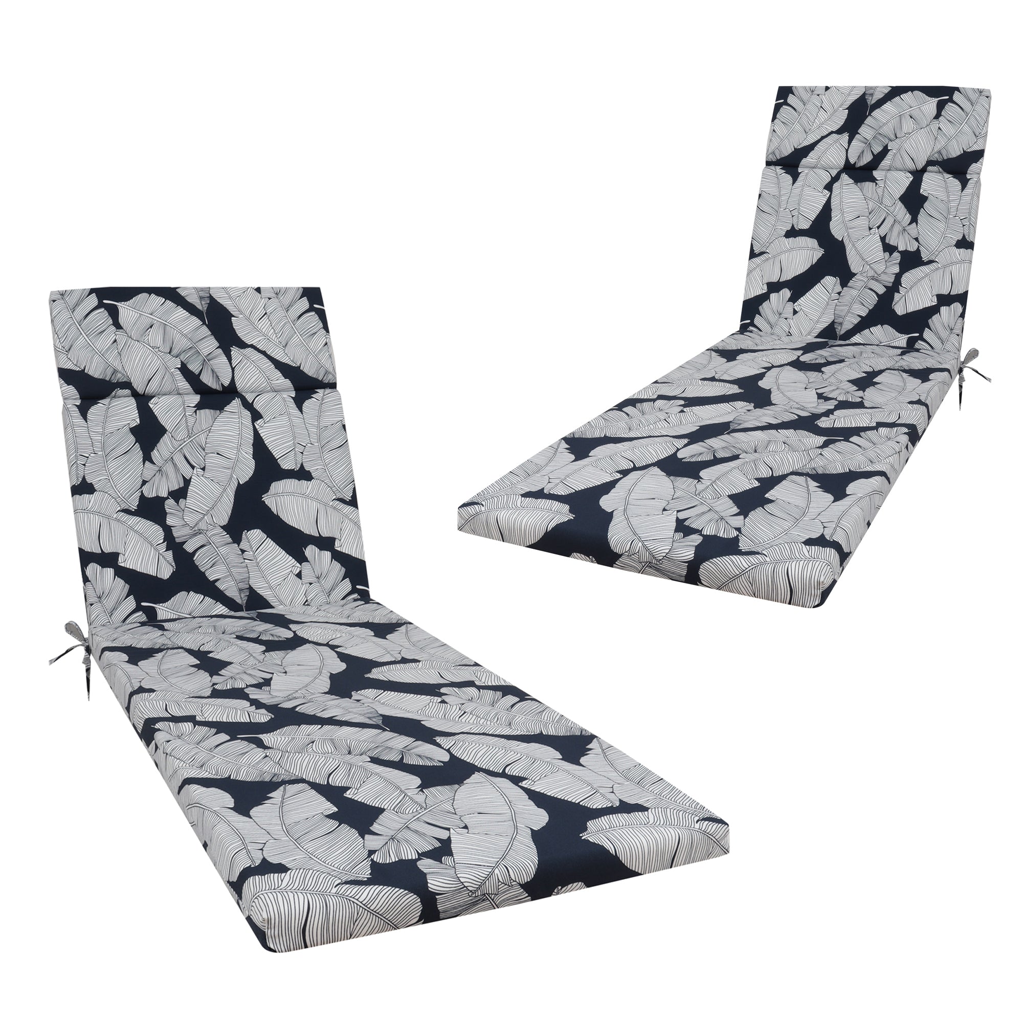 2-Pc Blue Leaf Outdoor Chaise Lounge Cushion Set with Ties