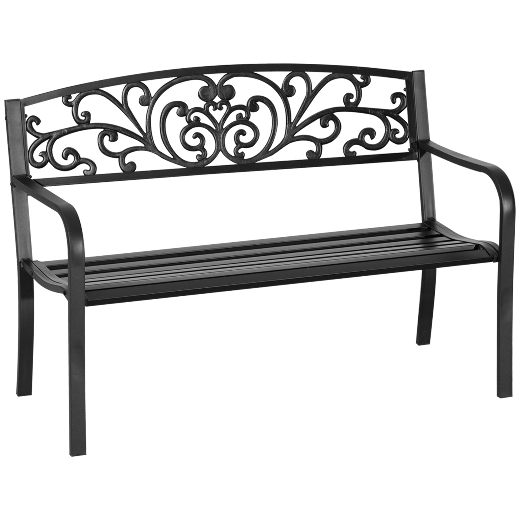 Outsunny 50" Metal Outdoor Garden Park Bench with Floral Back - Black