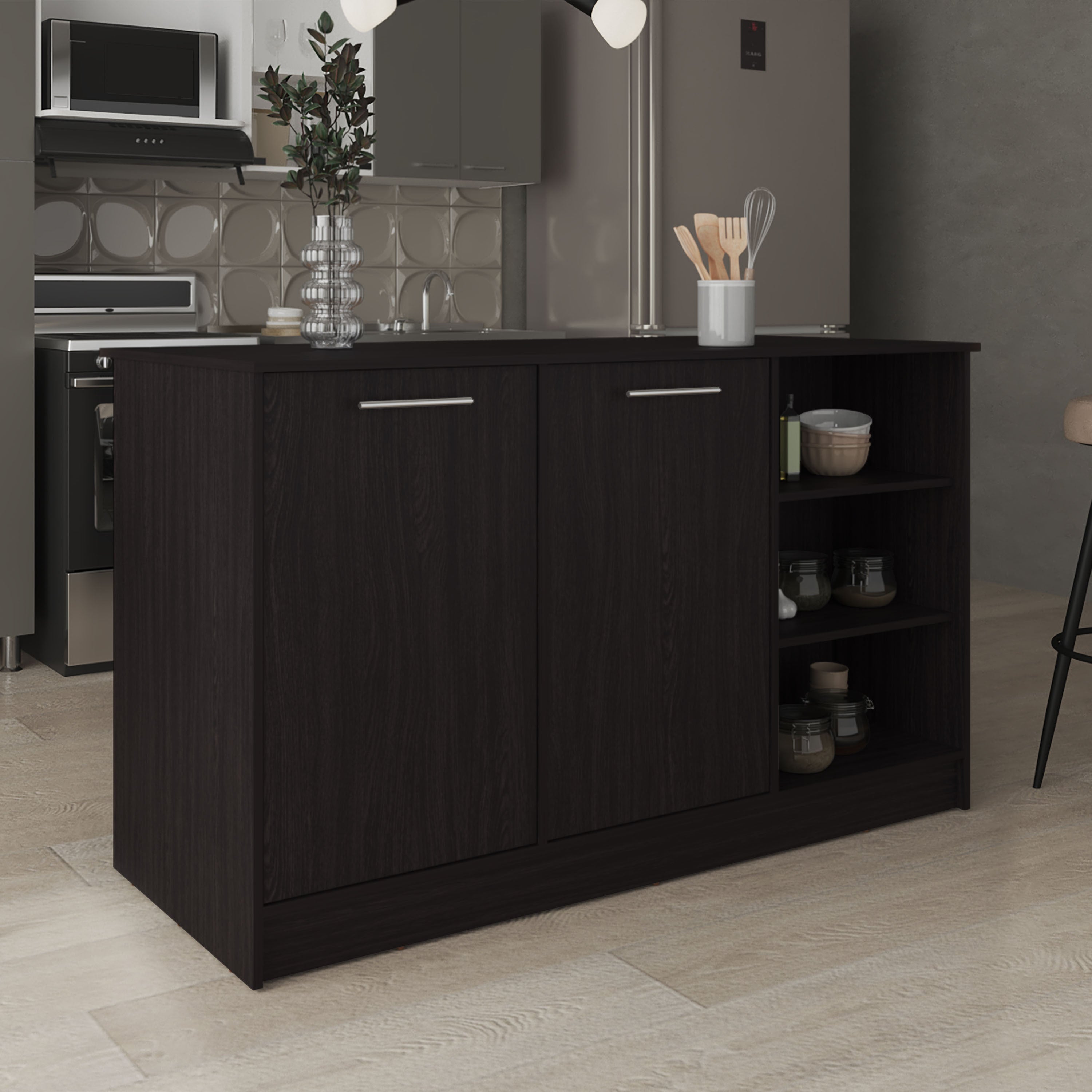 Ginger Kitchen Island w/ Shelves & Cabinets - White/Brown