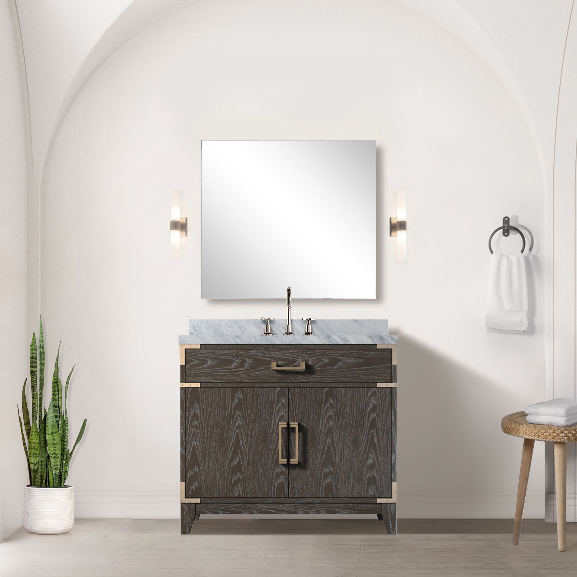 Brown Oak 36" Bath Vanity: Marble Top & Faucet
